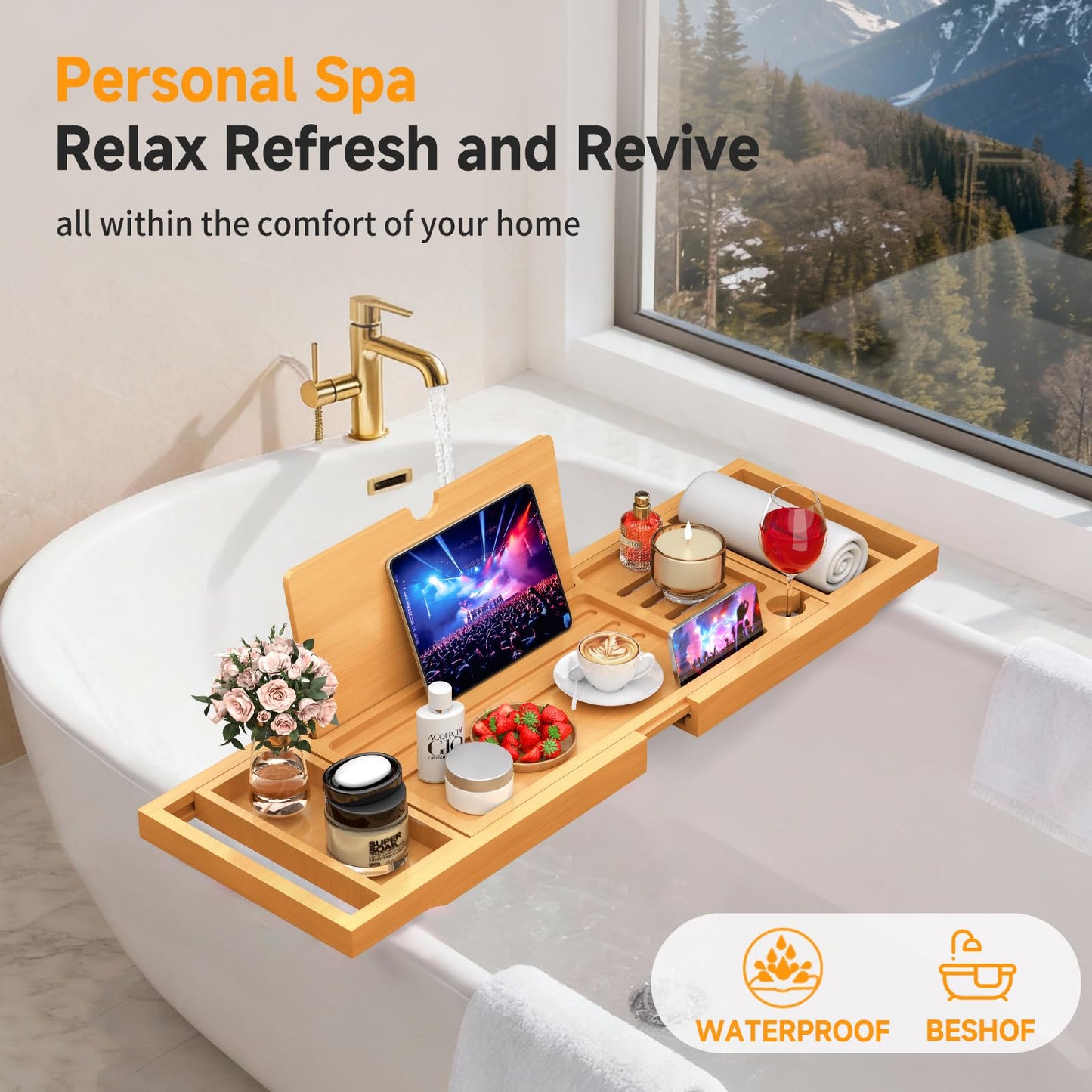 Premium Bamboo Bathtub Caddy Tray with Extending Sides, Adjustable Wood Bath Tray for Luxury Bath, Fits Most Tubs, Accessories Gift Idea Beige