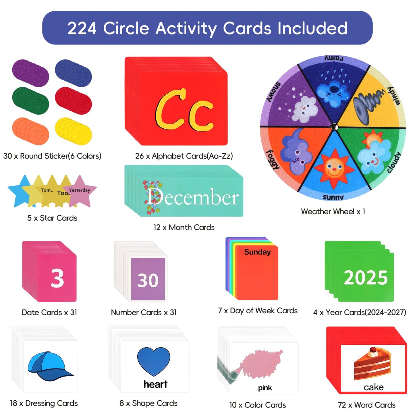 Ottkids Circle Time Learning Center Classroom Pocket Chart, Circle Time Calendar Preschool Include 224 Cards, Educational Pocket Chart Material, Learning Calendar Weather Letter Counting Color Shape
