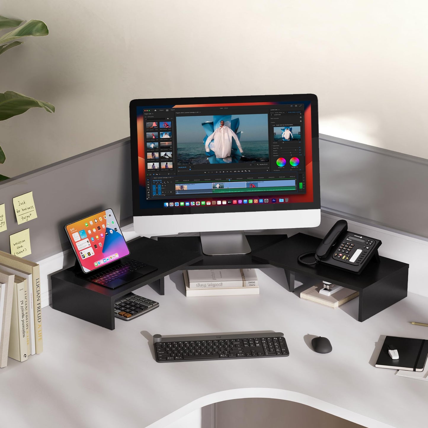 FITUEYES Dual Monitor Stand - 3 Shelf Computer Monitor Riser, Wood Desktop Stand with Adjustable Length and Angle, Desk Accessories, Office Supplies Medium Black,DT108001WB