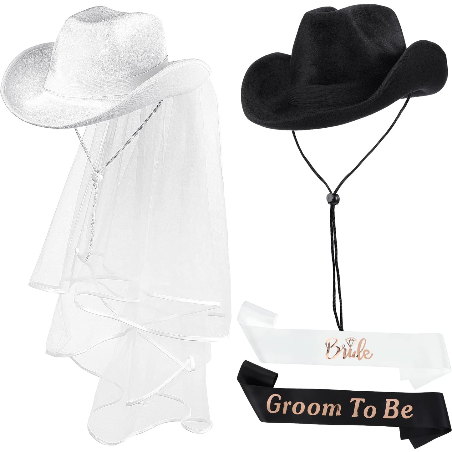 SATINIOR 2 Pcs Bride Cowgirl Hat with Veil Groom Cowboy Hats Bachelorette Party Decoration to Be Sash for Bridal Shower