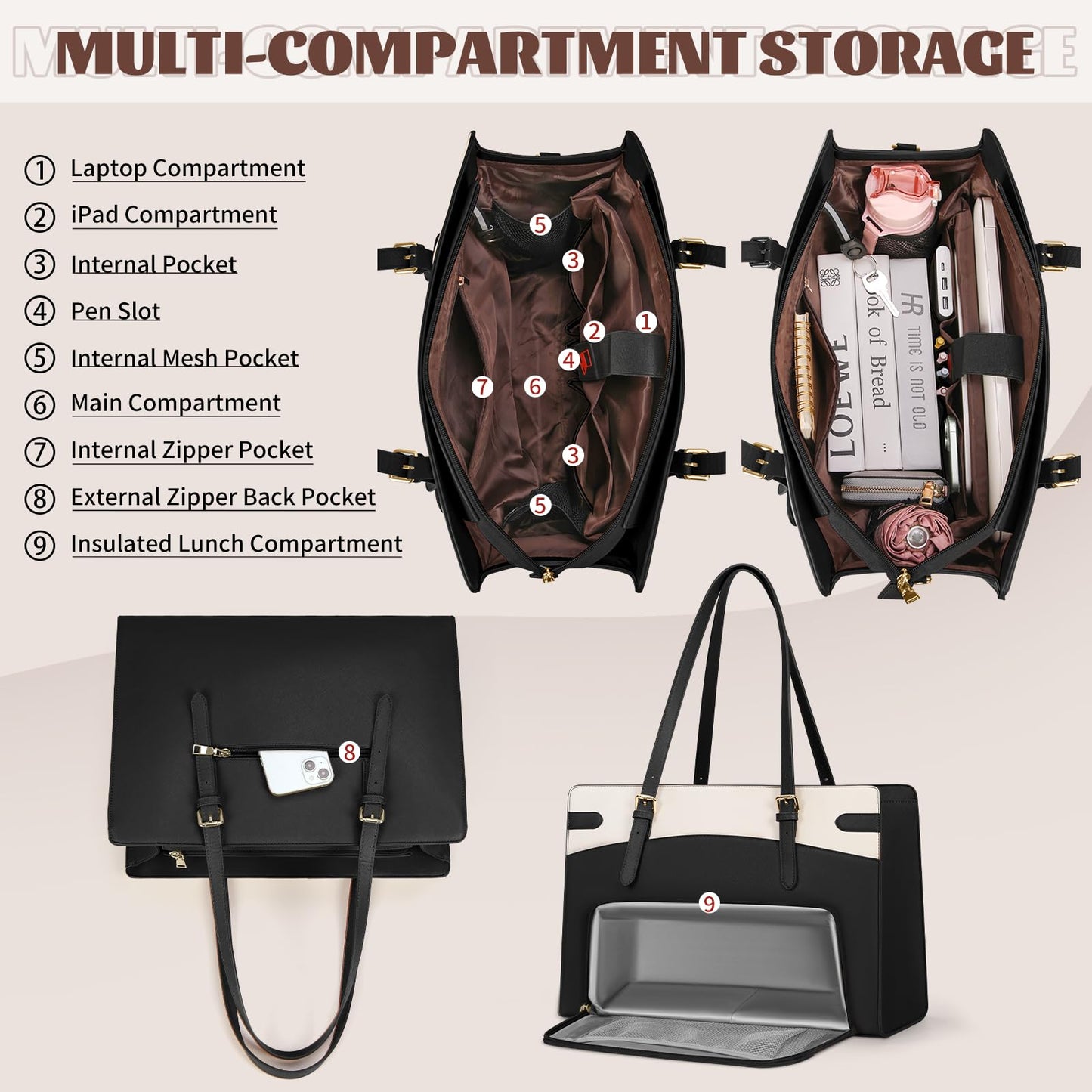 RAINSMORE Laptop Bags for Women with Lunch Compartment,Large Work Bag Women 15.6 inch Laptop Tote Bags for Women PU Leather Laptop Purse,Black