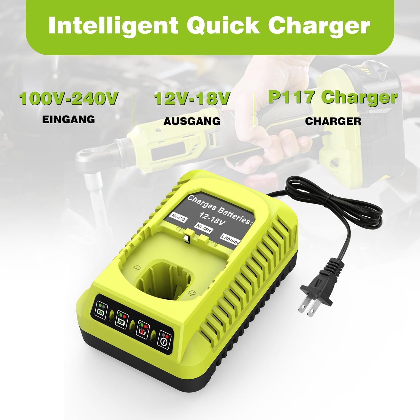 Powilling 18V P117 Charger for Ryobi 18V One+ Battery, Dual Chemistry Li-ion NiCad NiMh Battery Charger for P100 P102 P108 P189 P197 P103 P105 P107 P190 P191 PBP002 PBP005 for Ryobi 18 Volt Batteries