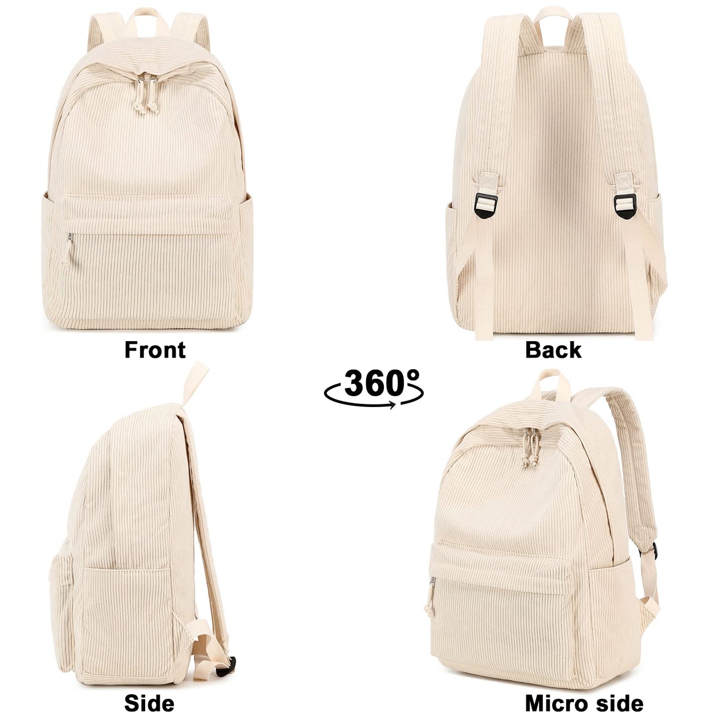 School Backpack for Teens Large Corduroy Bookbag Lightweight Girls Boys Casual High School College Backpacks, Beige, 17 inch, Classic