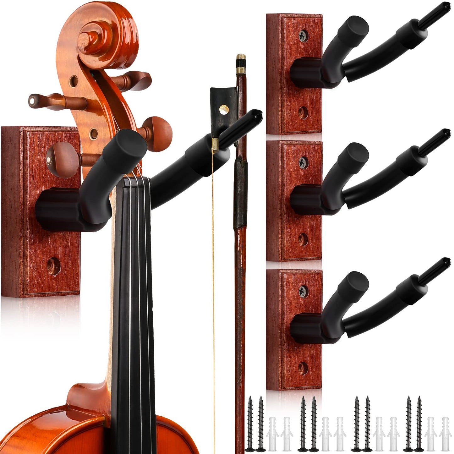 Tatuo 4 Pcs Violin Wall Mount Hanger Viola Metal Wooden Guitar Stand Bow Holder Music Room Decor Screws Home Studio String Instrument Accessories Art Practice