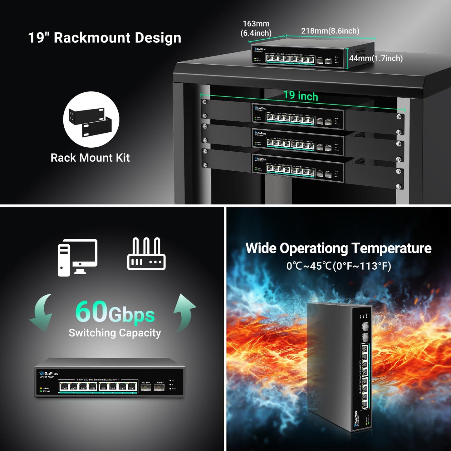 10 Port 2.5Gb Unmanaged PoE Switch with 8*2.5G Base-T PoE Ports, 2*10G SFP+ Uplink, 802.3af/at (PoE+), 80Gbps Switching Capacity, GigaPlus 2.5G PoE Switch for 2.5Gb NAS/PC, WiFi6 Router, Wireless AP