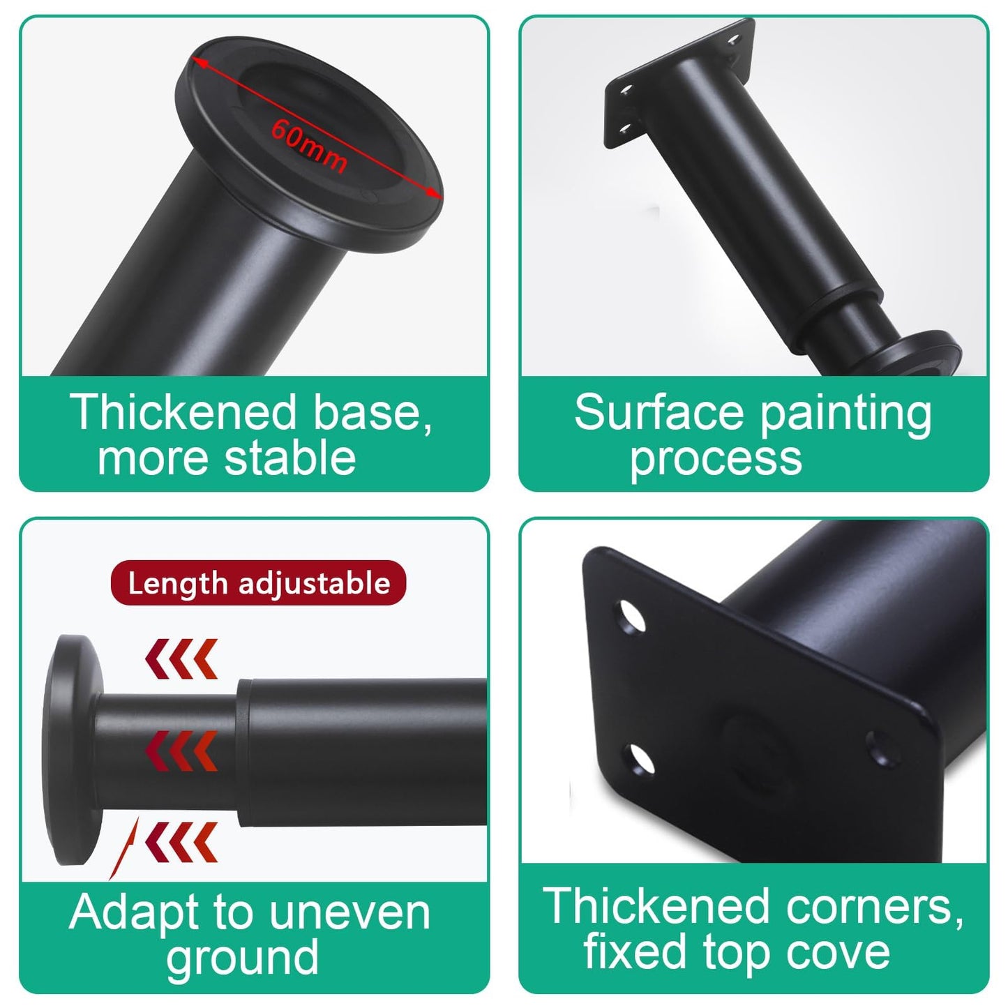 4Pcs Adjustable Height Bed Support Legs,Metal Furniture Legs7.08-12Inch,for Height Heavy Duty for Cabinet/Dresser/TV Stand/Sofa/Chair/Table Heavy Bed Replacement Legs (Black)
