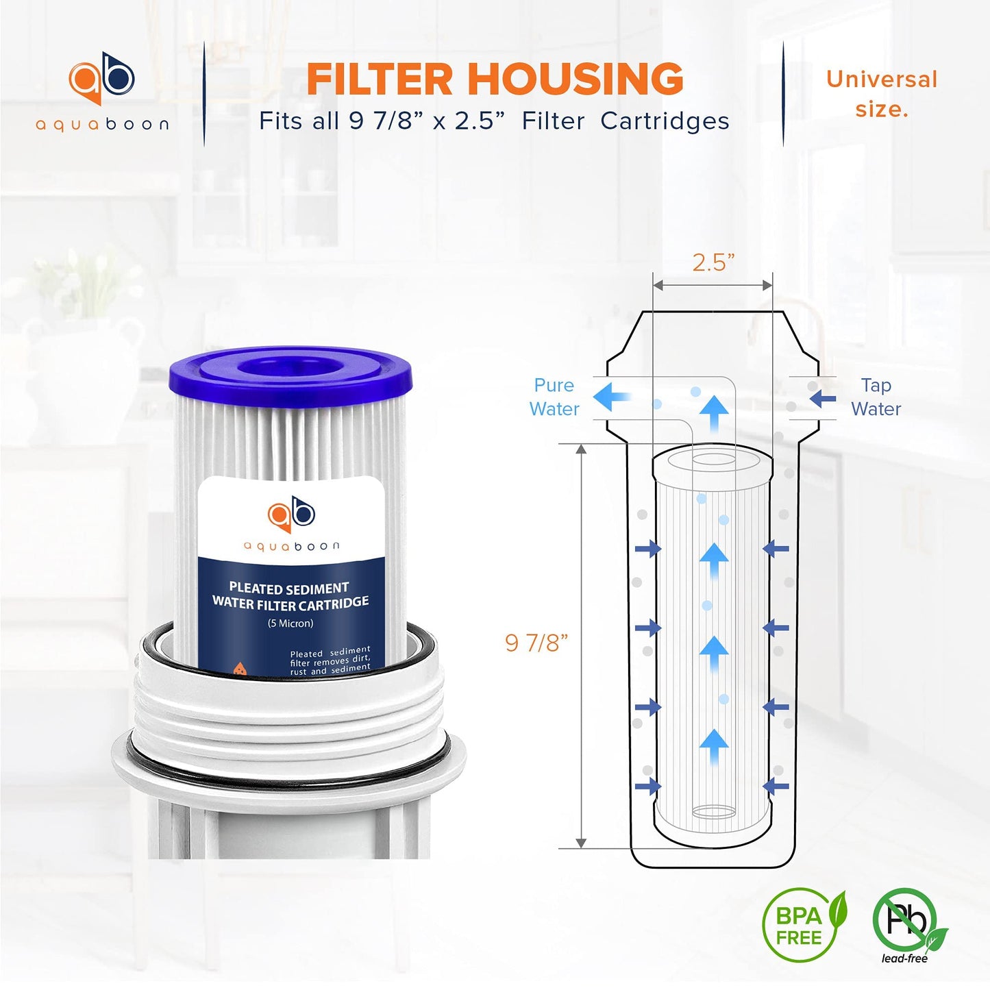 Aquaboon 5 Micron Pleated Water Filter 10 x 2.5 - Whole House Sediment Filter Replacement Cartridge Compatible with WFPFC3002, WHKF-WHPL, 6-Pack