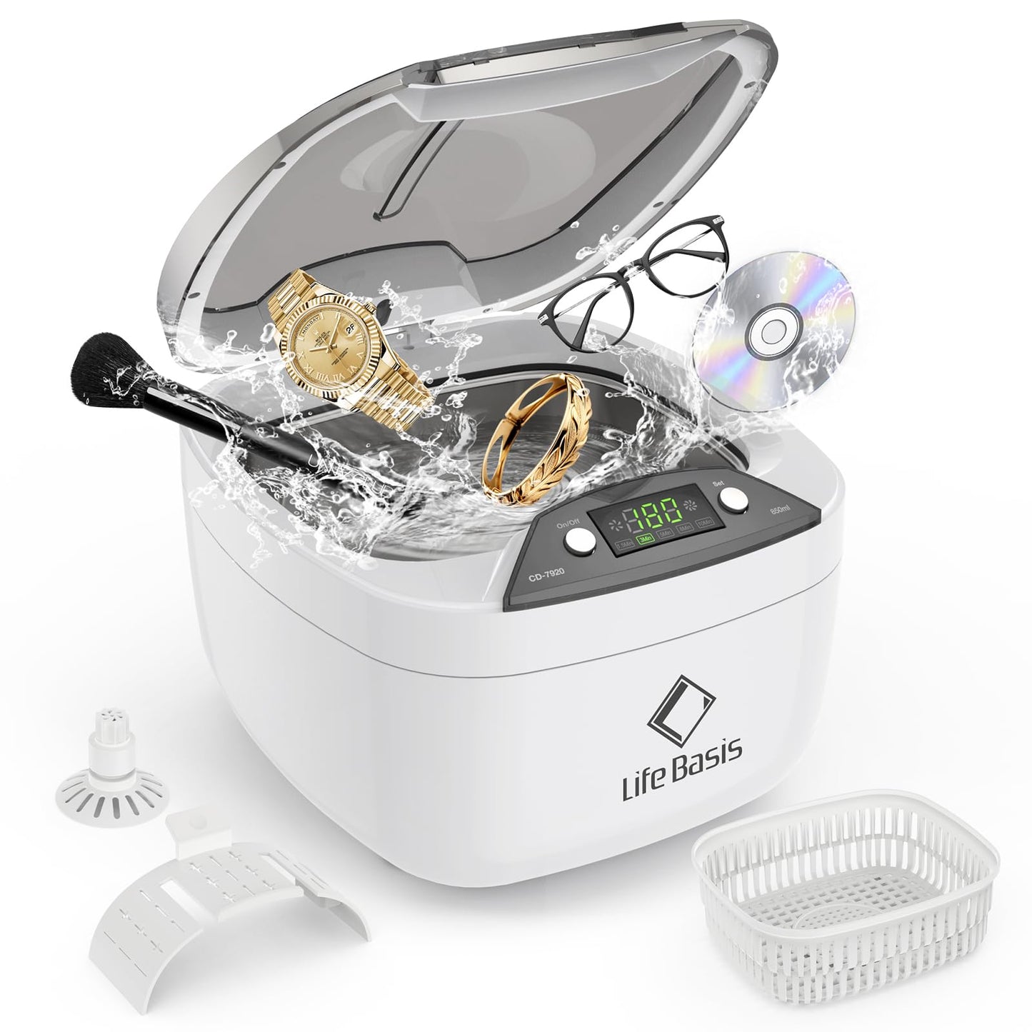 Ultrasonic Jewelry Cleaner Life Basis Ultrasonic Cleaner Machine 850ml (28 Ounces) LCD Screen with 5 Digital Timer Watch Stand CD Holder for Jewelry CD DVD Watches Glasses Makeup Brush