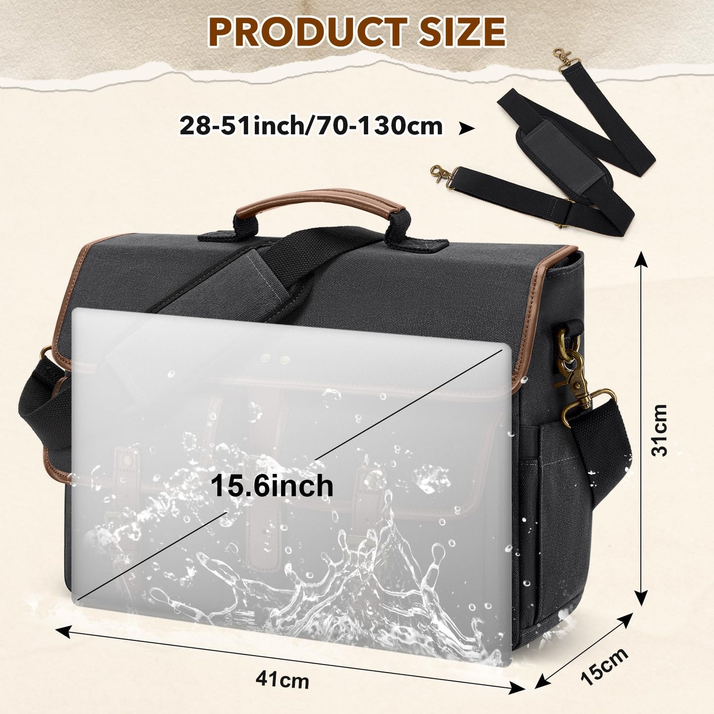 RAINSMORE Messenger Bag Men Canvas 15.6 Inch Computer Laptop Bag Waterpfoof Satchel Bags for Men Work Office, Black