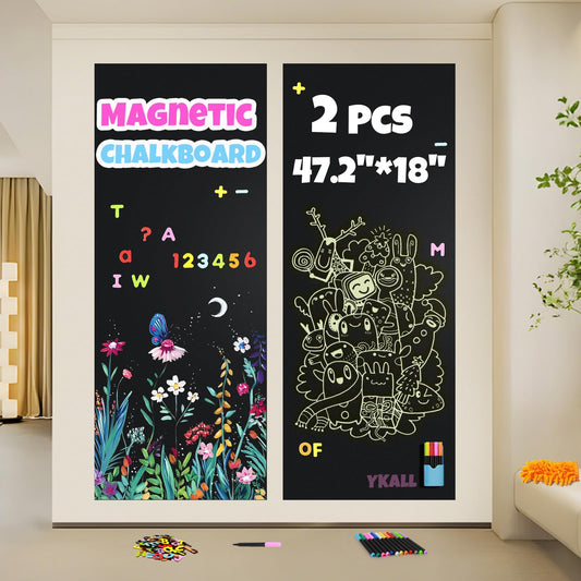 Magnetic Chalkboard Contact Paper for Wall, 47.2" x 18" Self-Adhesive Magnet Wall Sheet with 79 Magnetic Letters for Kids and 12 Colors Chalk Markers, Magnetic Wallpaper Stickers (2Pcs Black)
