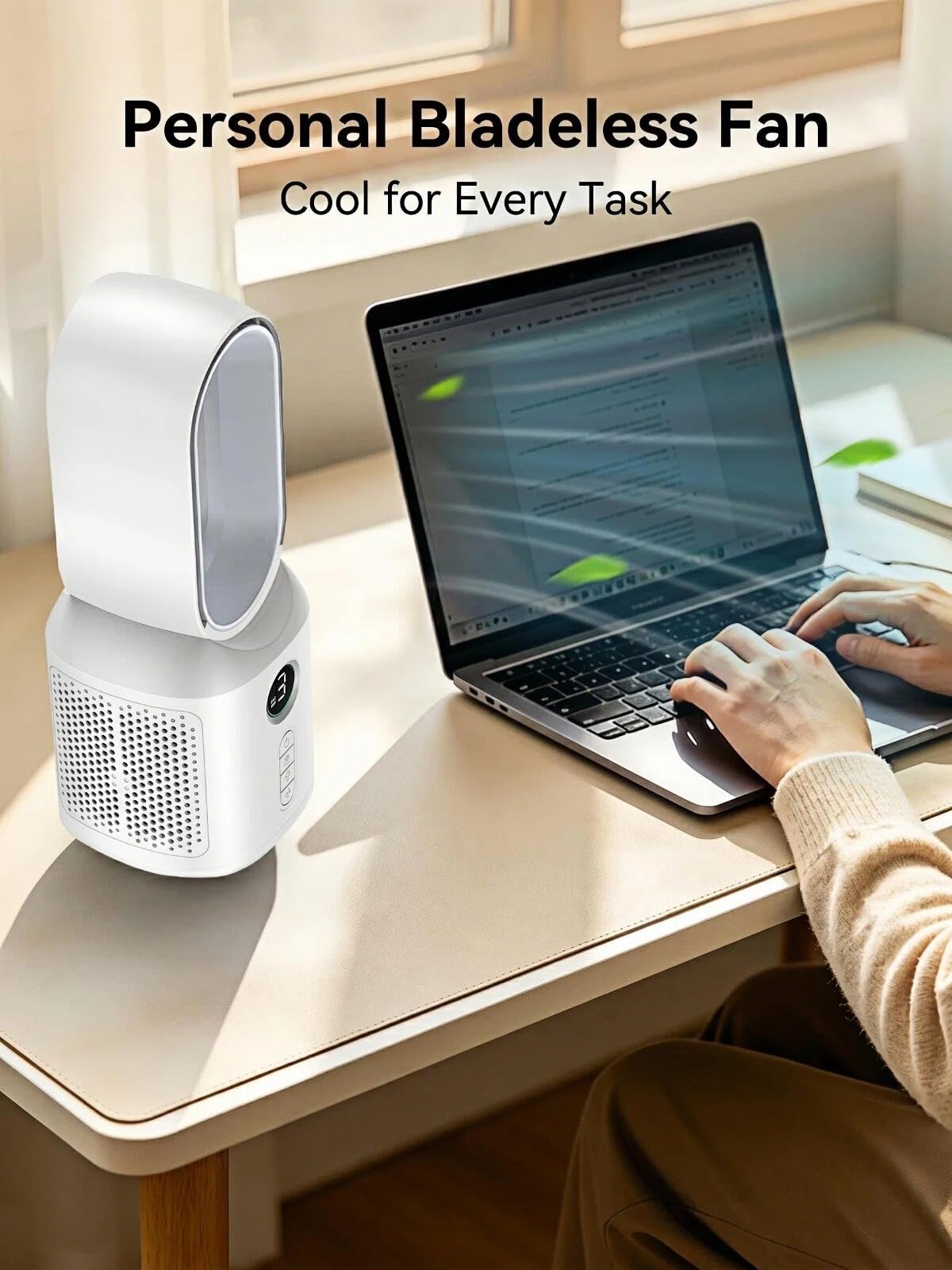 Let'me 13 Inch Desk Fan, Small Bladeless Fan with 9-Hour Sleep Timer, 3 Speeds Cooling Table Fan with Night Light, Quiet Desk Fan for Bedroom, Nightstand, Office