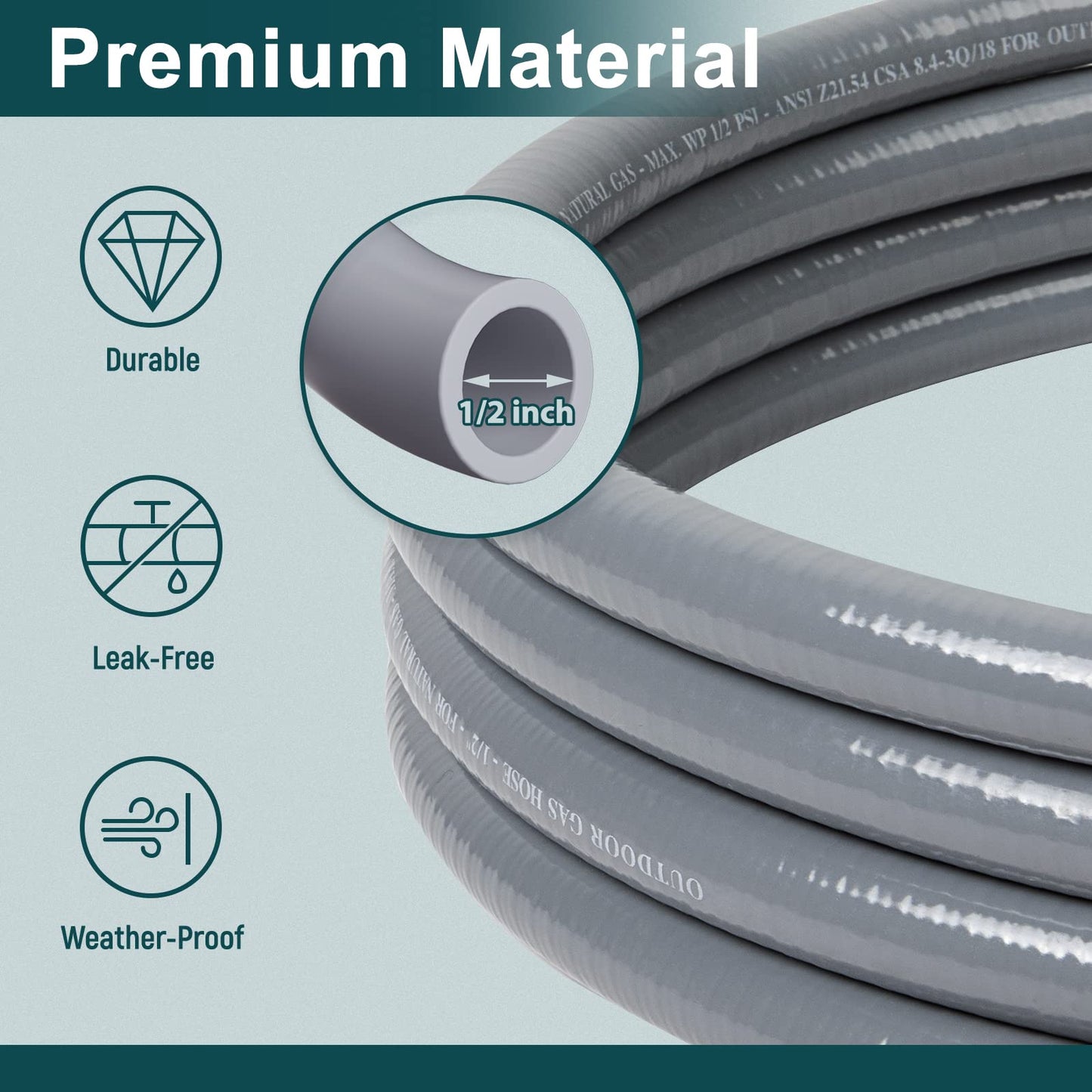 GASPRO 12FT 1/2" ID Natural Gas Hose, Low Pressure LPG Hose with Quick Connect, for Weber, Char-Broil, Pizza Oven, Patio Heater and More