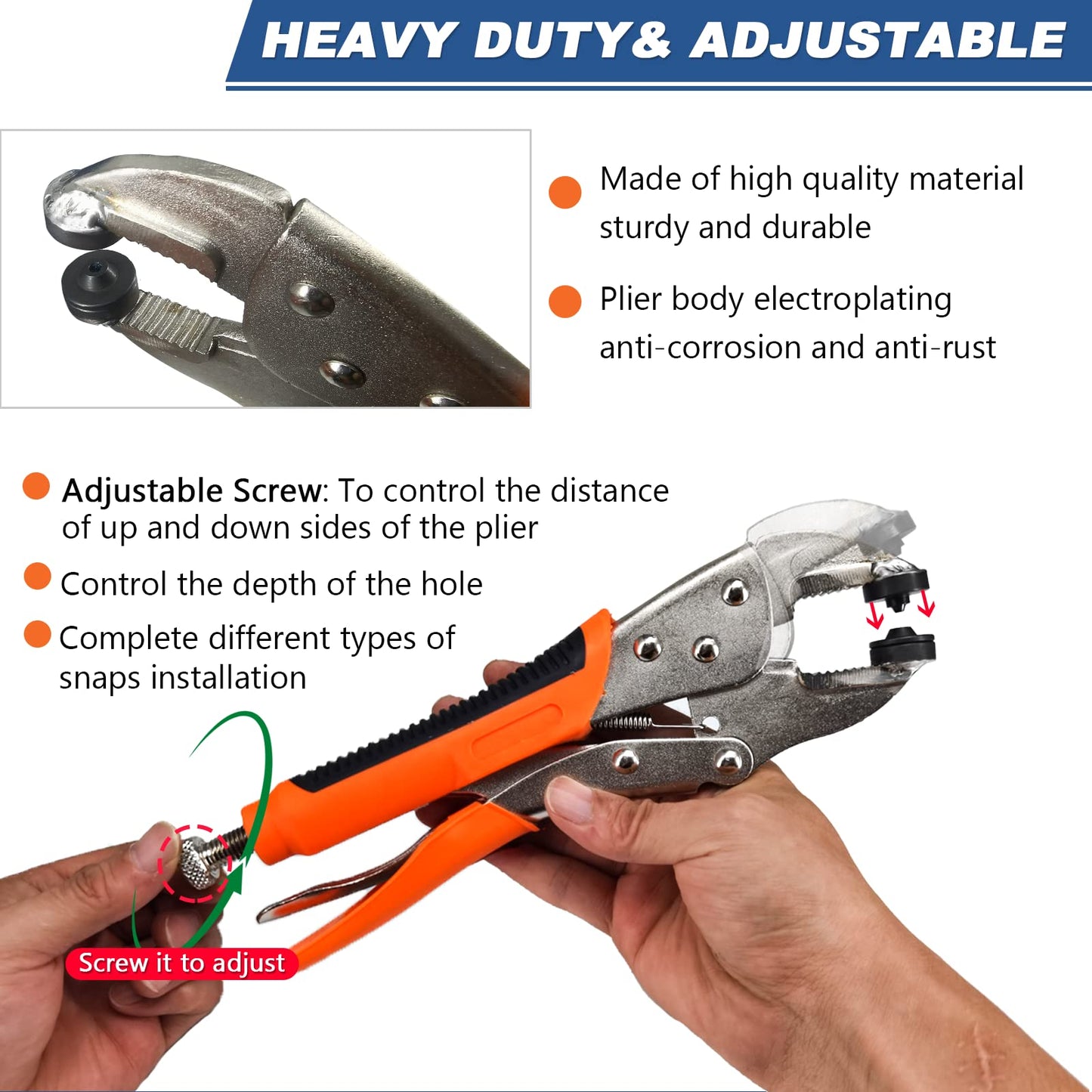 MinliGUY Snap Pliers for Metal Fasteners - Heavy Duty Tool Kit With 3 Dies & 60-Set Stainless Steel 15mm Snaps for Boat Cover/Tarp/Marine Canvas/Leather Installation/Replacement