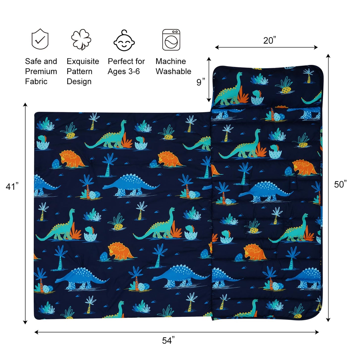 david's kids Toddler Nap Mat Set with Removable Pillow, Ultra Soft Slumber Bags for Boys，Perfect for Preschool, Daycare, Kids Sleeping Bags with Rollup Design, 50"x20", Dinosaur