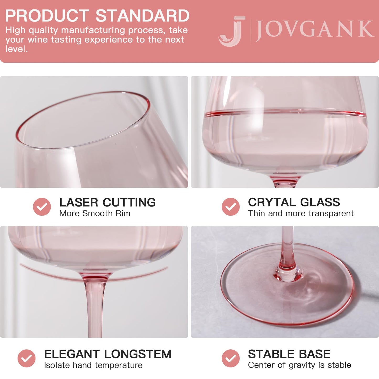 JOVGANK Pink Wine Glasses Set of 6, Hand Blown Large Colored Wine Glass 18Oz, Lead-Free Premium Crystal Long Stem Red and Thanksgiving Wine Glass, Housewarming and Mother's Day Gift