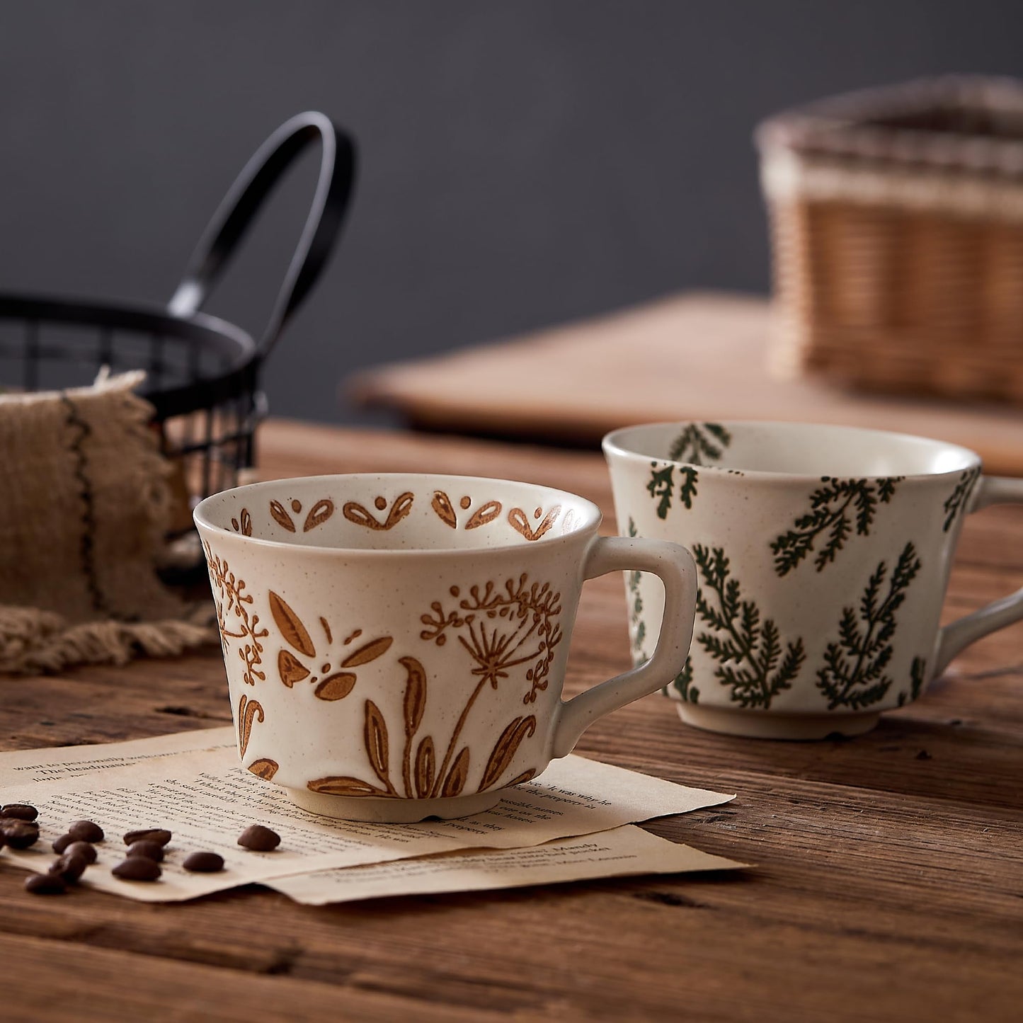 Swuut 12oz Vintage Ceramic Coffee Mug Set of 4 - Handmade Rustic Pottery Countryside Coffee Mugs with Handle,Fall Winter Latte,Espresso Cappuccino,Cocoa,Tea Cups, Dishwasher Microwave Safe(Plants)