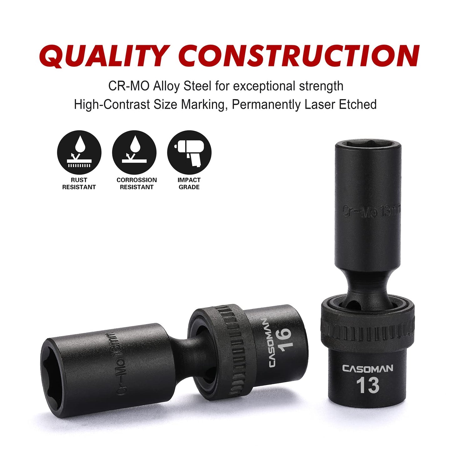 CASOMAN 10 PCS 3/8" Drive Deep Standard Universal Impact Socket Set, 6 Point, CR-MO, Metric,10-19mm