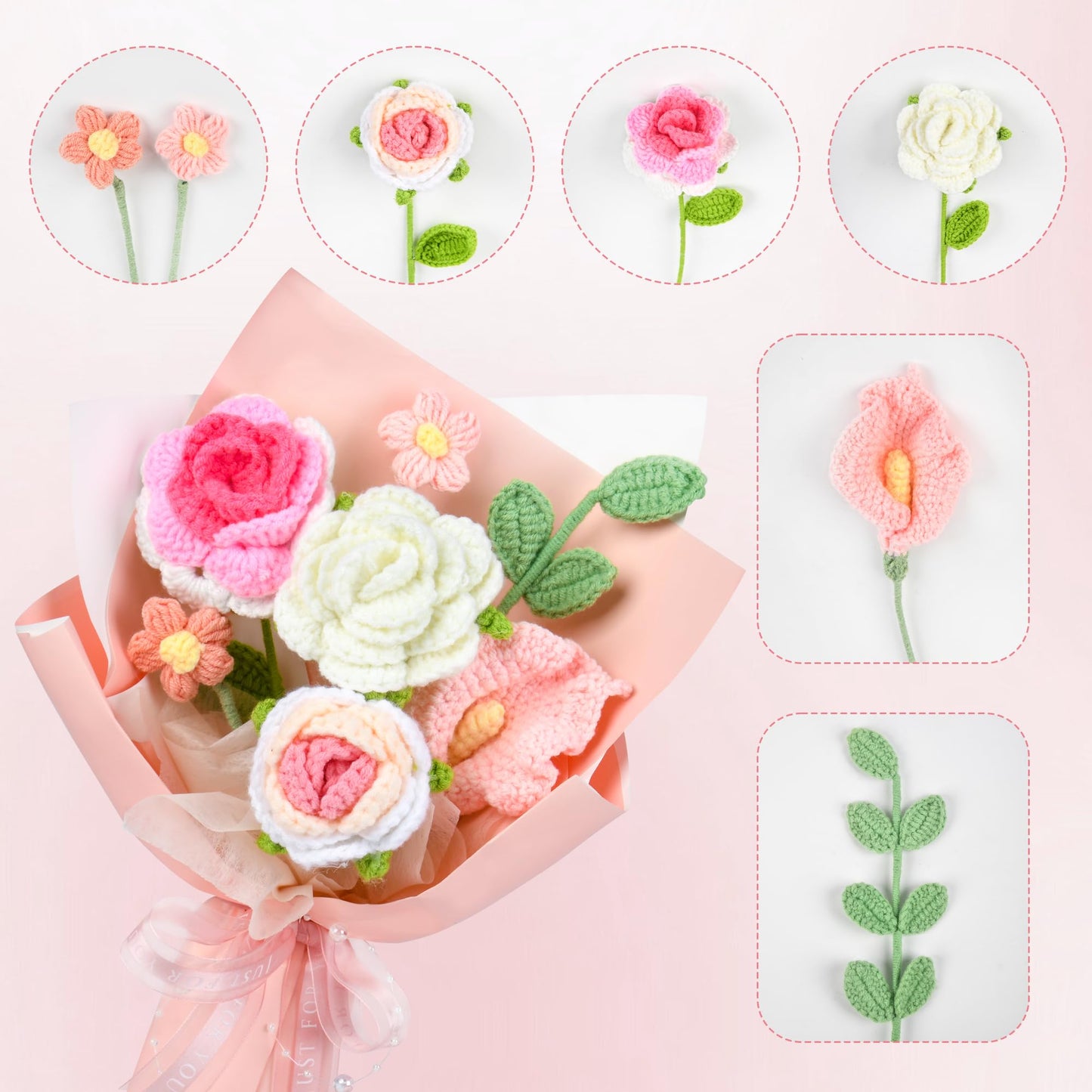 MengxFly Crochet Flower Bouquet Pink, Handmade Crochet Flowers Bouquet, Knitted Floral Gift for Her, Mothers Day Birthday for Women Wife Mom Girlfriend with Gift Box Bag and Card