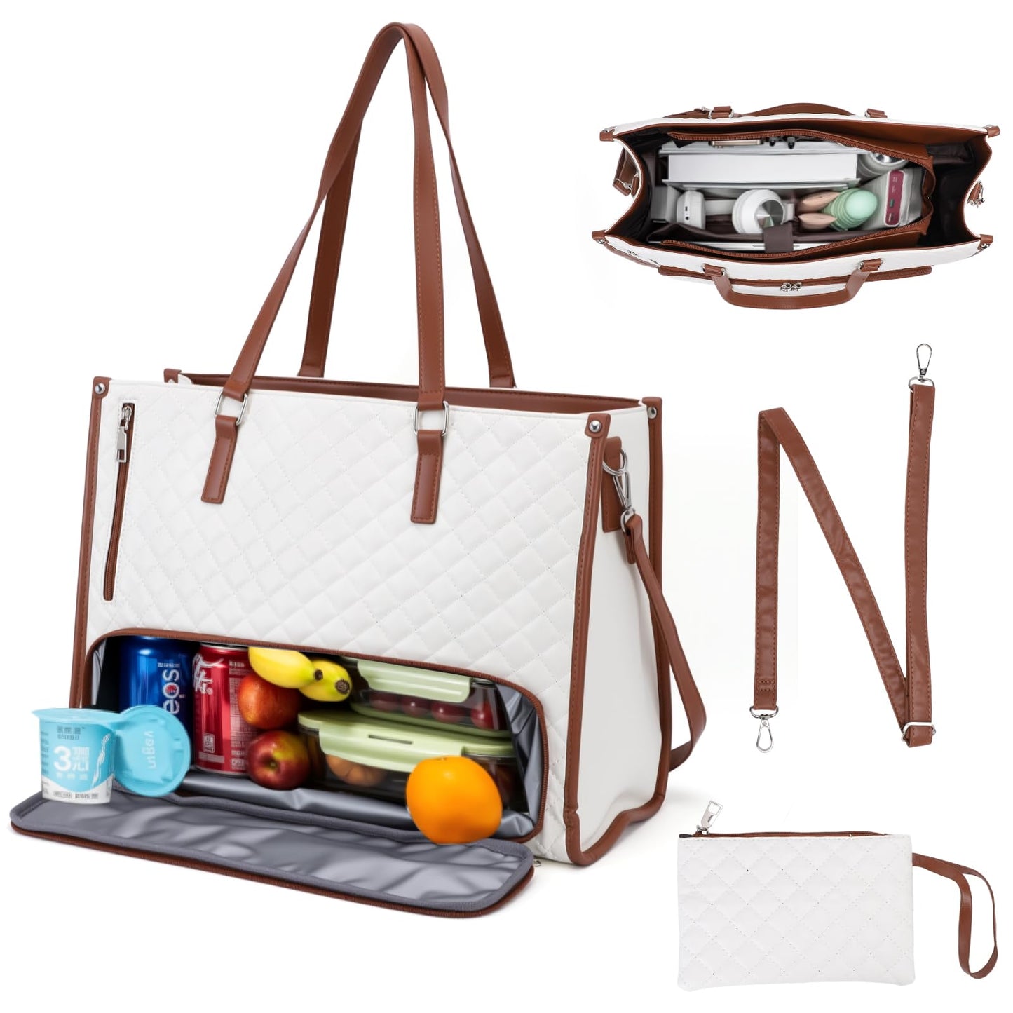Lunch Work Tote Bags for Women, 15.6 Inch Laptop Bag with Insulated Lunch Compartment, 2 in 1 Tote Bag Lunch Bag Combo with Small Purse and Shoulder Strap for Work, University, Office, Picnic (White)