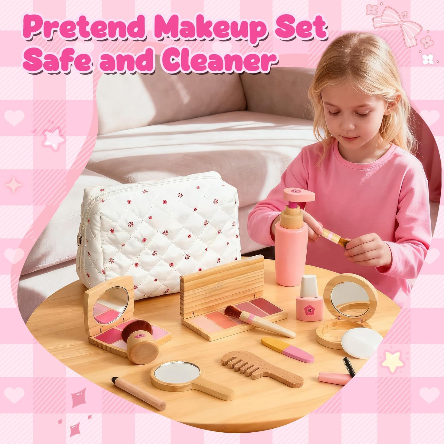 WELIN Wooden Makeup Toy Set, 17-Pieces Toddler Pretend Play Makeup Bag, Role-Playing Toys for Girls Ages 3-8, Perfect Christmas Birthday Gifts for Girls