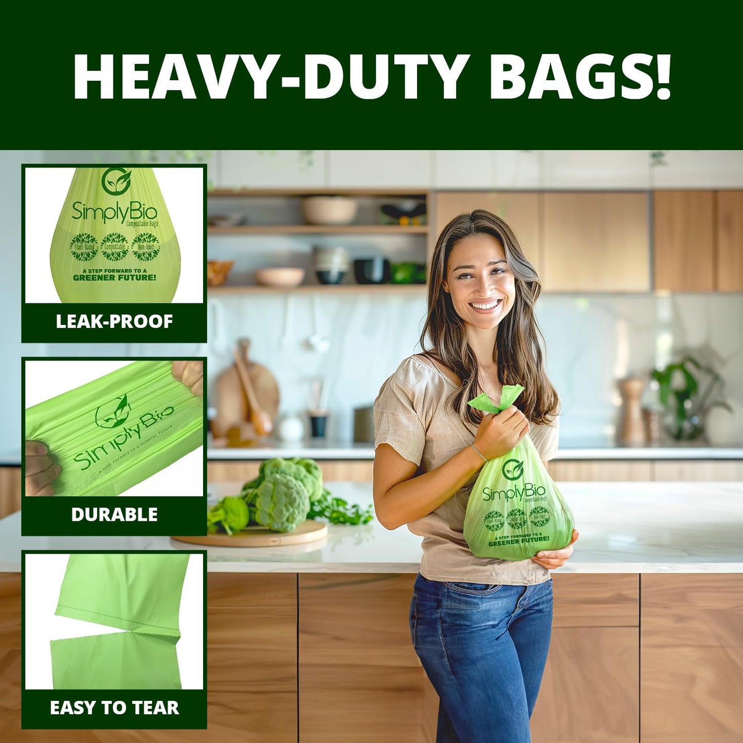 Simply Bio Compostable Trash Bag with Handle, 80 Count, Thick 0.67 Mil, 3 Gallon, 11.36 Liter, Small Kitchen Food Scrap Trash Bags, ASTM D6400, US BPI and Europe OK Compost Home Certified