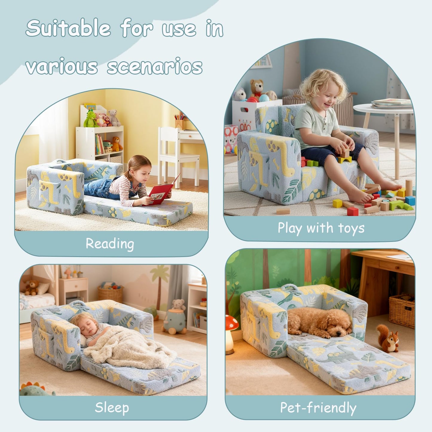 Tiita 2-in-1 Convertible Kids Couch to Lounger, Flip Out Toddler Armrest Bed, Folding Play Sofa for Girl or Boy, Grey Dinosaur