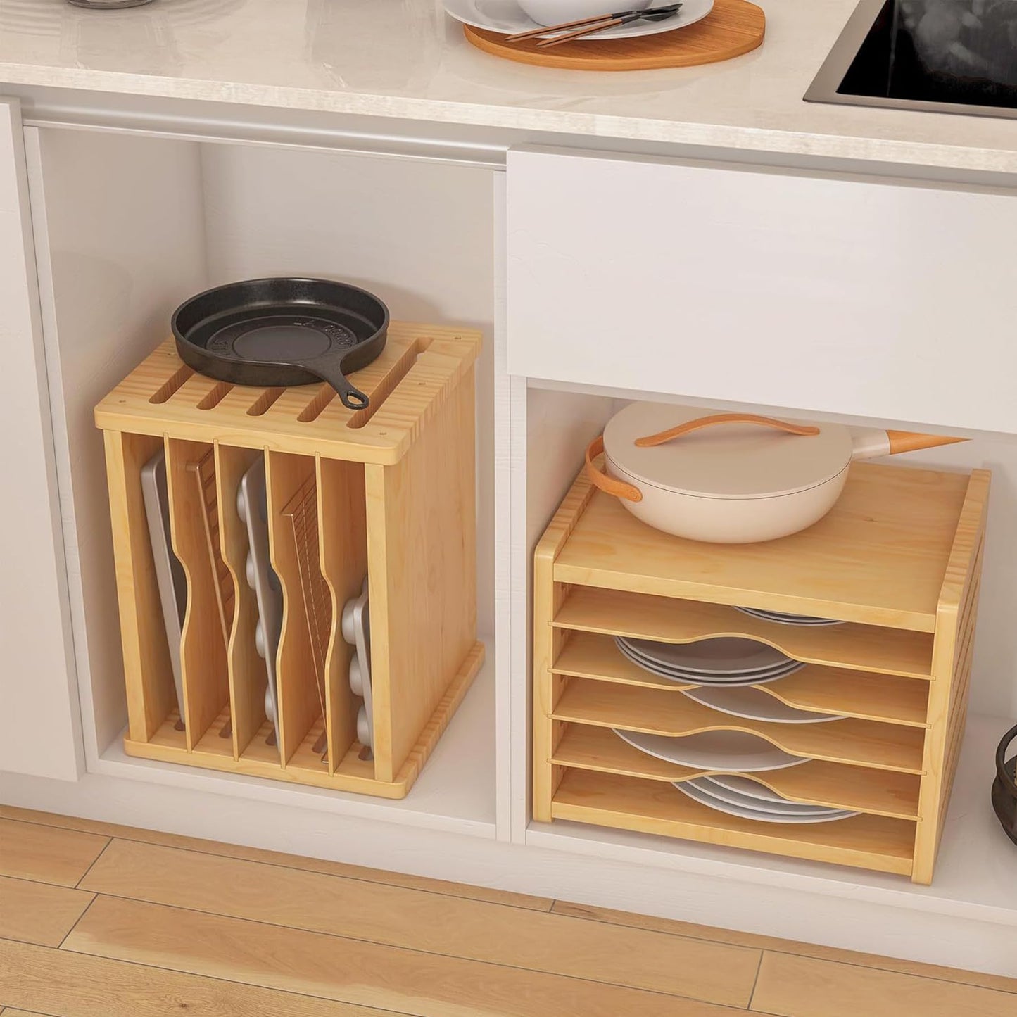 ybaymy Kitchen Cabinet Cutting Board Organizer Cookie Sheet Storage Rack Baking Pan Organizer Storage Cookware Cabinet Divided Holder with 5 Slots for Kitchen Countertop Cabinet Office