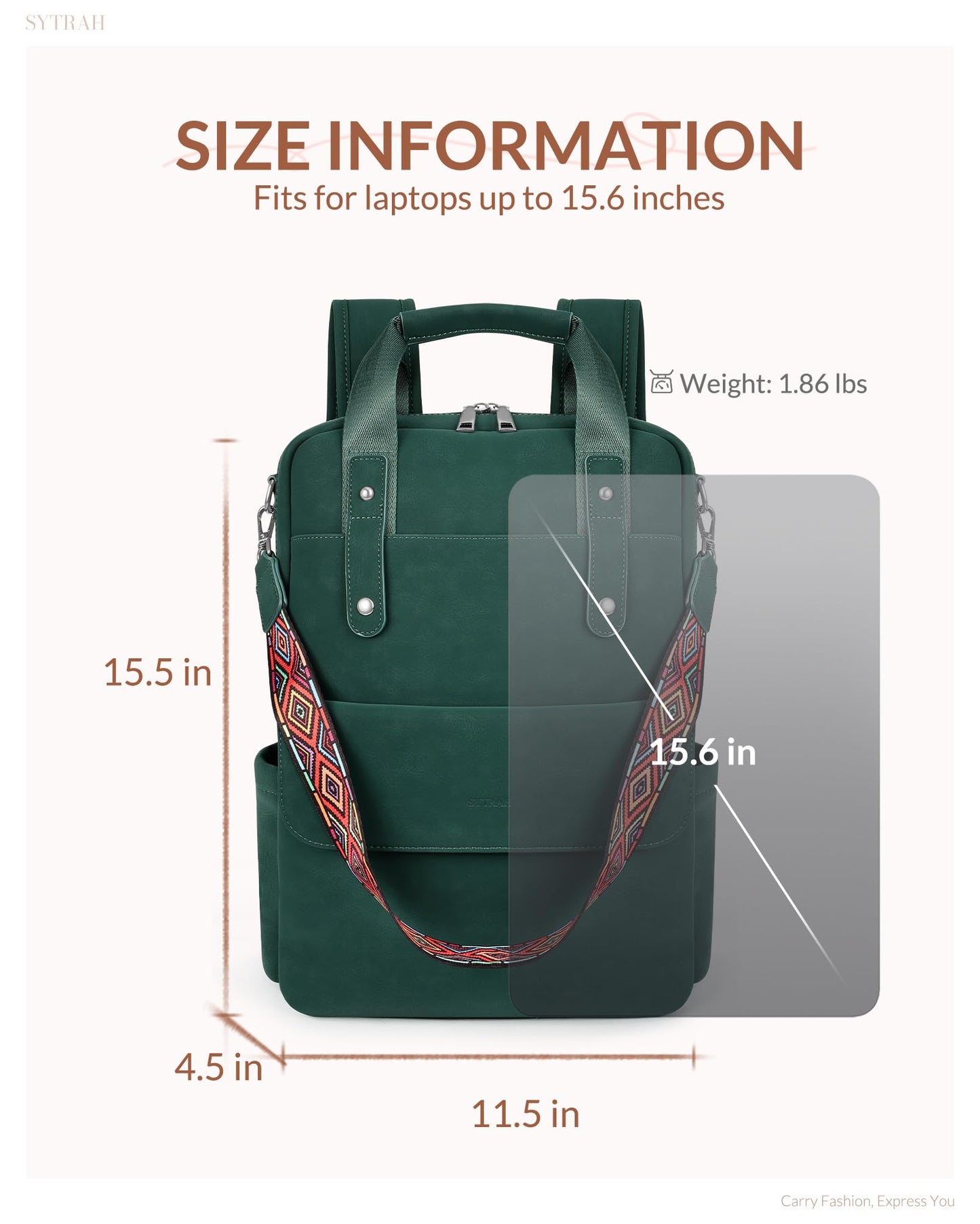 SYTRAH Leather Laptop Backpack 15.6 Inch Womens Laptop Bag, 3 IN 1 Computer Bag Handbag with Colorful Shoulder Bag Strap for Work Travel College Green