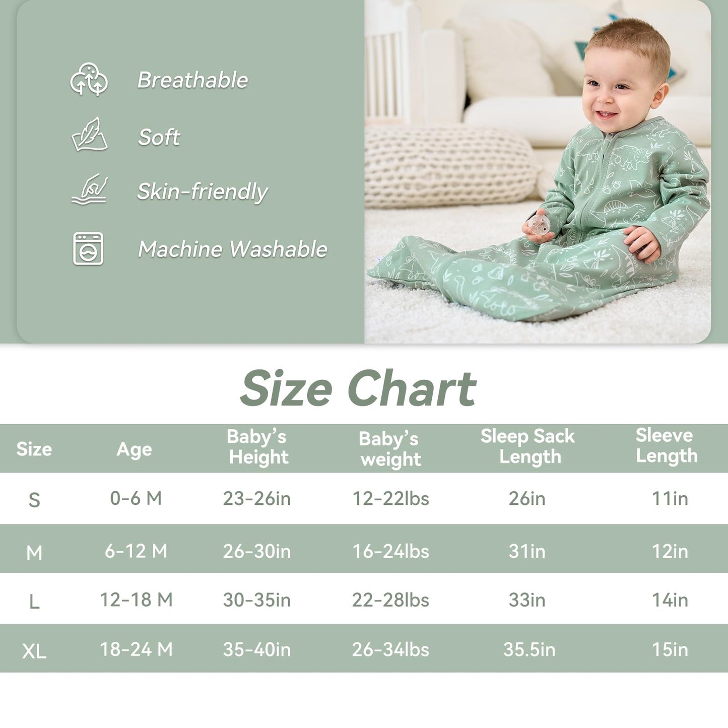 FIEMOL Baby Sleep Sack 0-6 Months, Long Sleeve Baby Sleeping Bag 0.5 Tog with Mittens, Newborn Cotton Wearable Blanket Gigoteuse Green Dinosaur 2 Pack(Small)