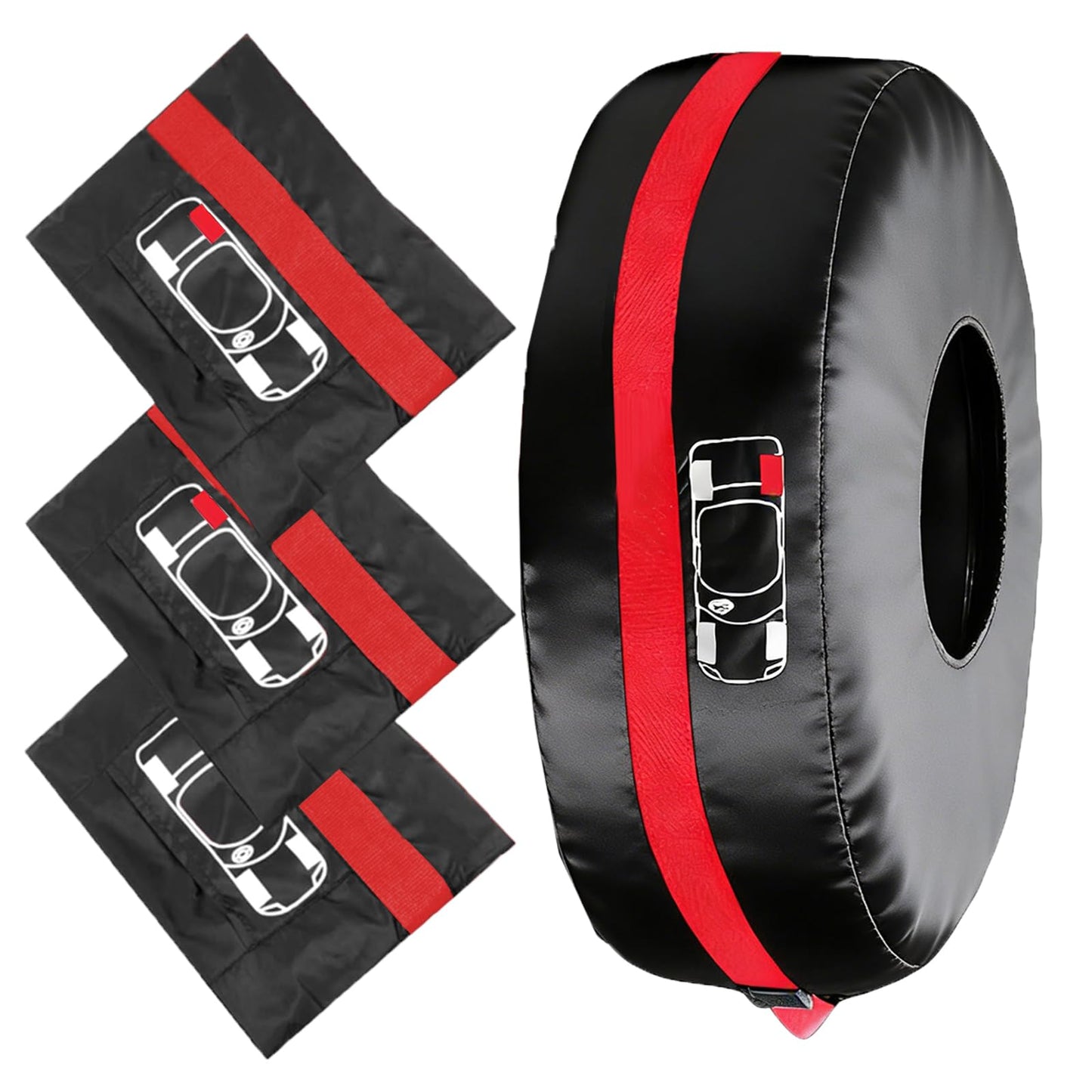 LOMGDOVC 4 Pack Polyester Tire Covers, Waterproof Dustproof Wheel Storage Bags with Handle, Protective Spare Tire Cover & Organizer Fit for 19"-23" Tires,Black Red