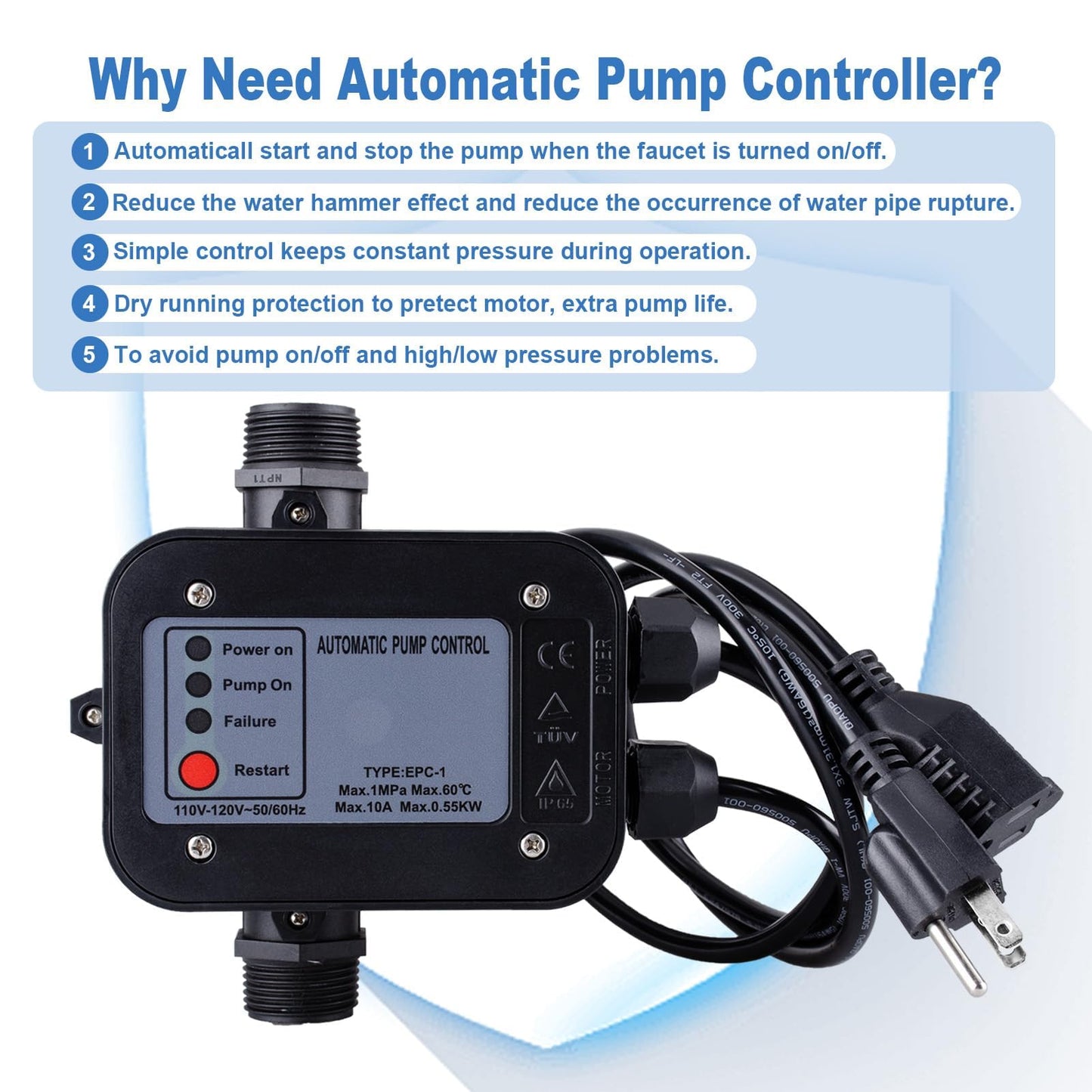Smart Water Pump Pressure Controller - Automatic Electronic Switch, Adjustable Pressure Range 1.5-2.5bar, Easy Plug-and-Play, 110-120V, Ideal for Various Pump Types