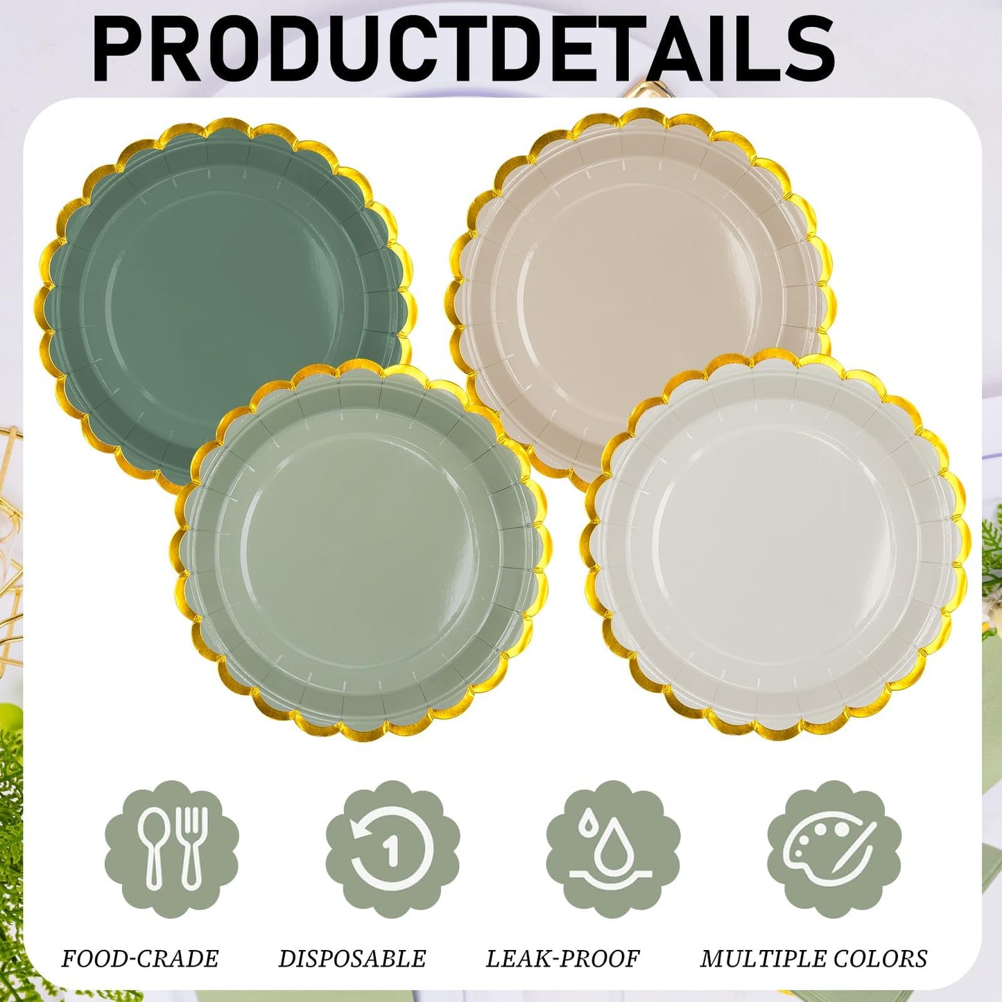 410PCS Sage Green Paper Plates and Napkins Party Supplies, Disposable Dinnerware Set Include 200 7 inch Gold Scalloped Edge Dessert Plates, 90 Cups, 120 Napkins for Bridal Baby Shower Birthday Wedding
