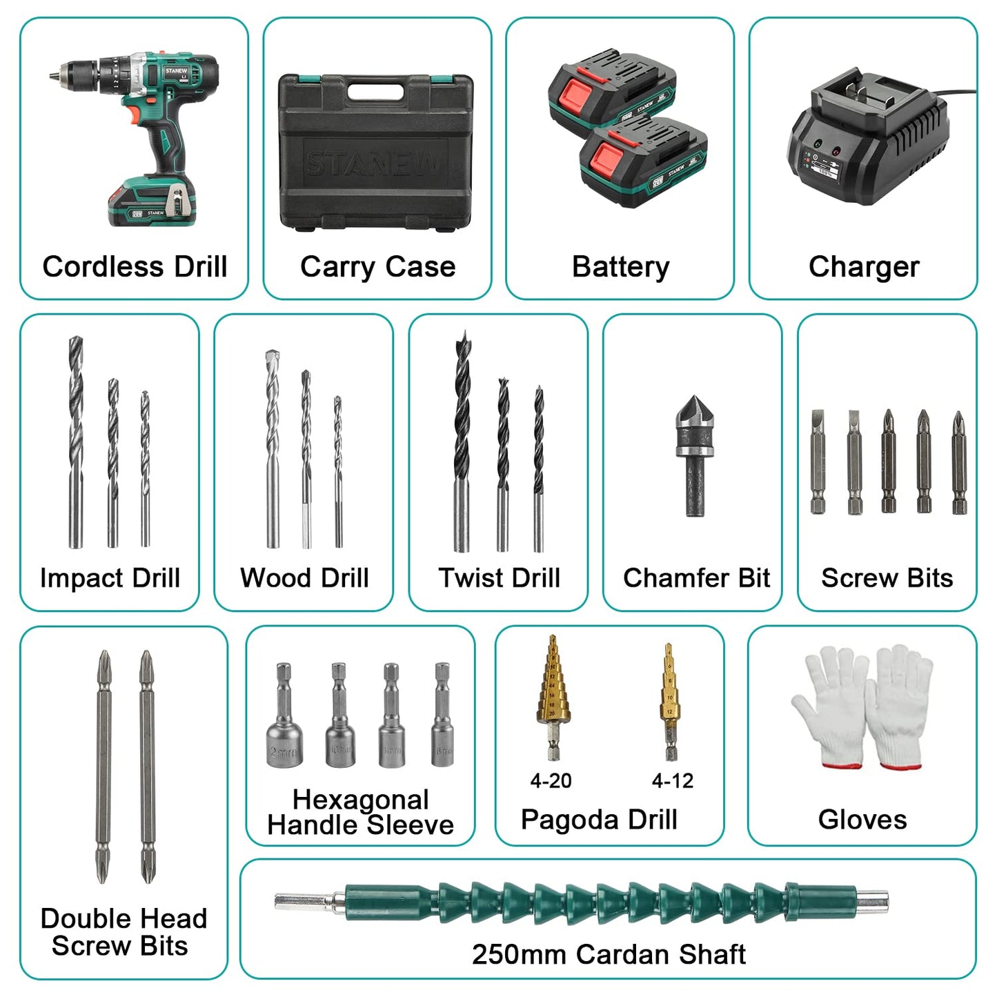 STANEW 20V MAX Impact Drill, Cordless Hammer Drill Set, Electric Screwdriver Driver Tools Kit with 2 Battery, Fast Charger 1/2" Keyless Chuck 2 Variable Speed 18+3 Torque Setting, 24 Piece Accessories