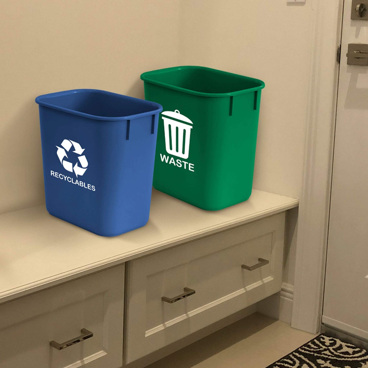 Acrimet Wastebasket Bin for Recycling and Waste, 3.25 Gallon/ 13 Quart/ 12 Liter (Plastic) (Green and Blue) (Set of 2)