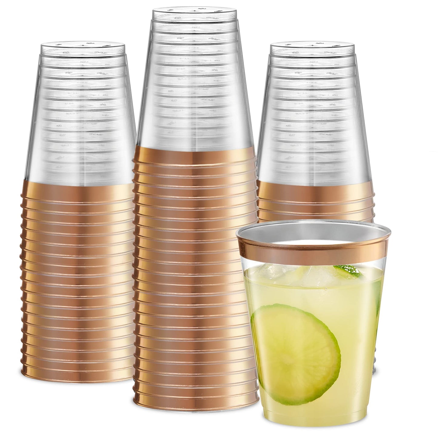 PLASTICPRO Disposable 8 oz Crystal Clear Plastic Tumblers With Rose Gold Rim for Party's & Weddings pack of 100
