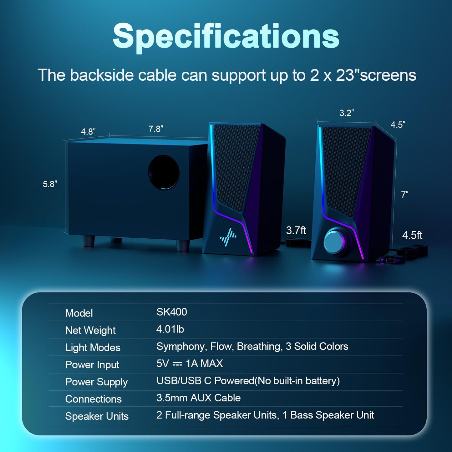 Computer Speakers with Subwoofer, 2.1 Hi-Fi PC Speakers System with 6 Lighting Modes, Enhanced Bass, USB/USB-C Powered and 3.5mm Aux in, Plug and Play, Desktop Speakers for Laptop, Monitor, Tablet