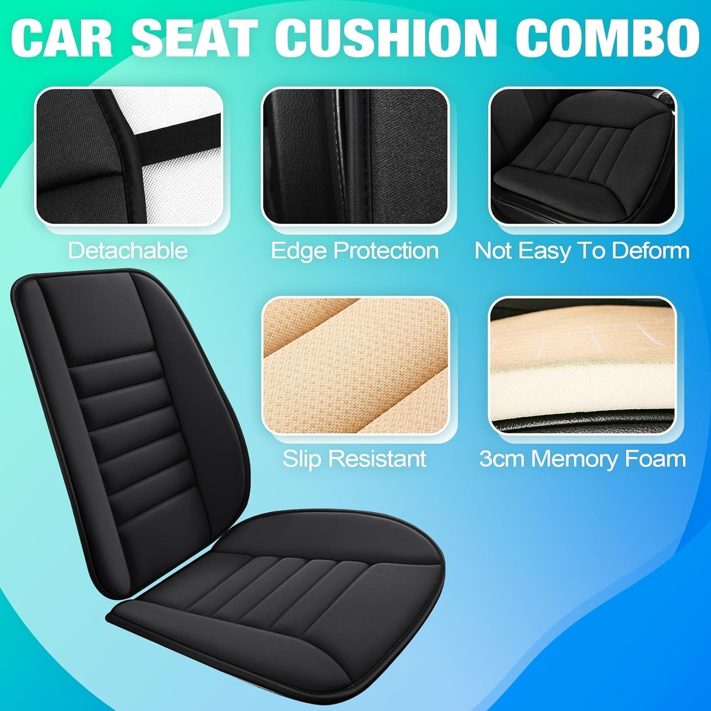 Car Seat Cushion and Lumbar Support Pillow Memory Foam Desk Chair Cushion Back Support for Automotive Seat Driver, Travel, Office Chair, Leg and Back Pain Relief, Washable and Adjustable Strap, Black