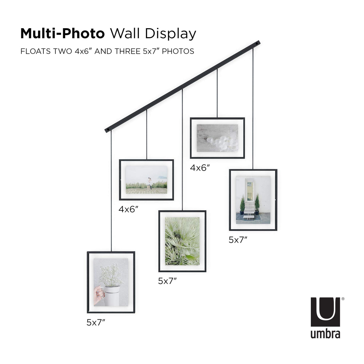 Umbra Exhibit Picture Frame Gallery Set, Adjustable Wall Collage Displays Five Photos (Two 4x6" and Three 5x7"), Set of 5, Black
