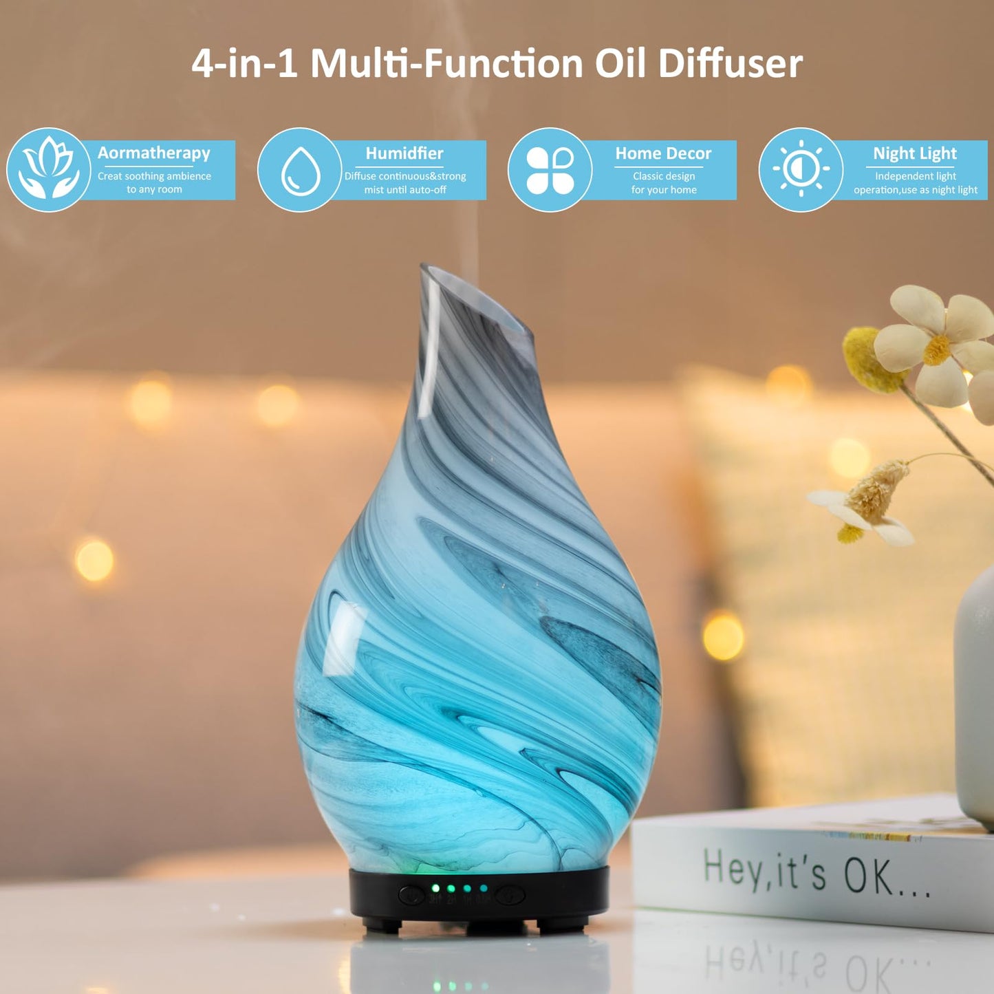 Essential Oil Diffuser 120ml Ultrasonic Aromatherapy Diffuser with Handmade Glass BPA Free Auto Shut-Off Protection, 4 Timer Setting 7 Colors Changed LED for Home Yoga Office