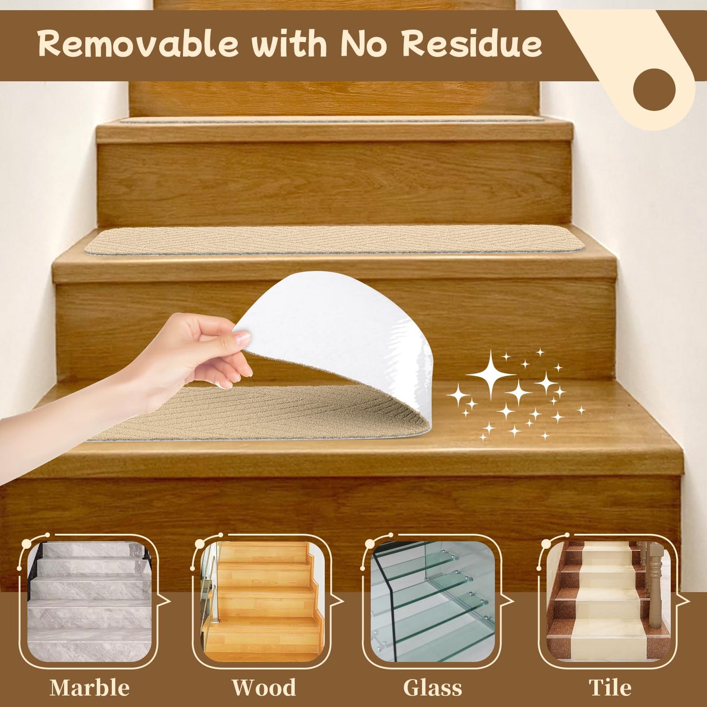 Aenithsy Stair Treads Non Slip Indoor, 15 Pack 30"x8" Stair Runners for Wooden Steps with Reusable Adhesive, Washable Stair Carpet Mats for Elders, Kids and Pets, Beige