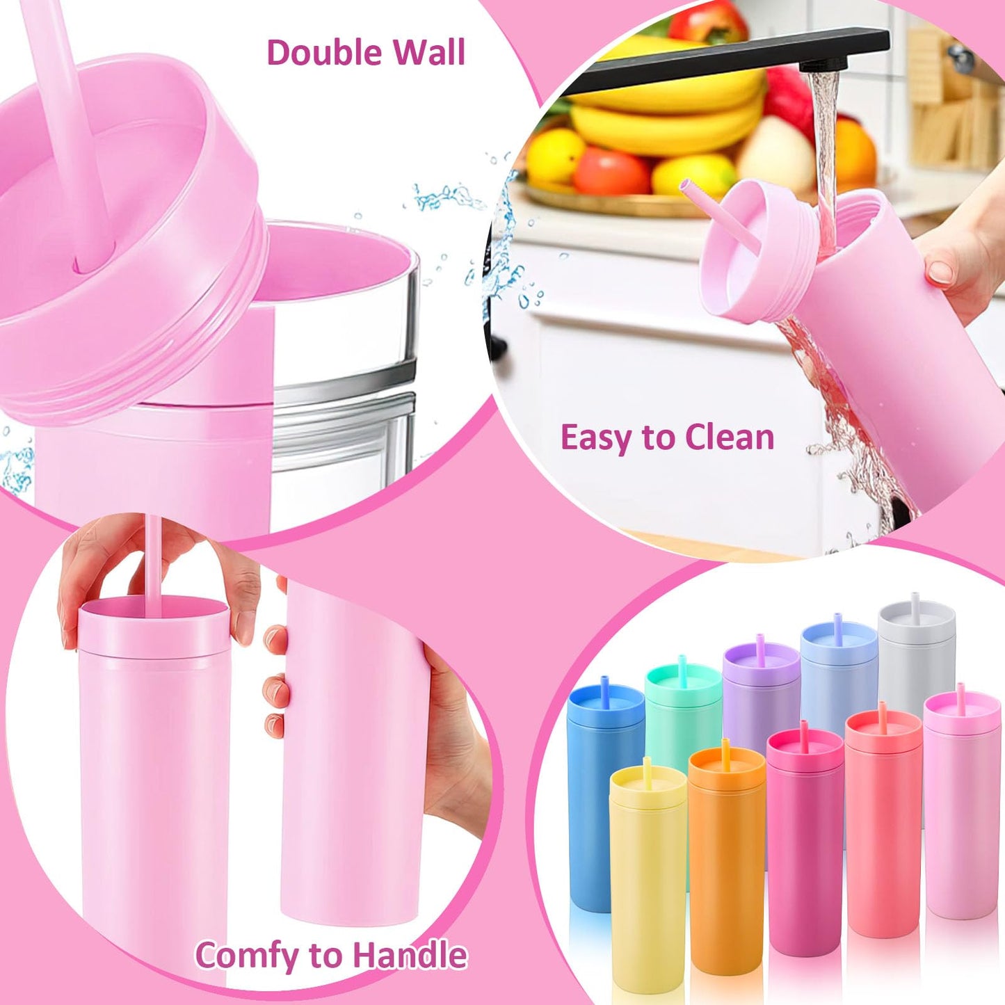10 Pieces Skinny Tumbler Cups with Lids and Straws, Matte Pastel Colored Acrylic Tumblers Set, Reusable Double Wall Plastic Mugs Cold Hot Drinks Water Bottles for Vinyl DIY Presents, 16 oz