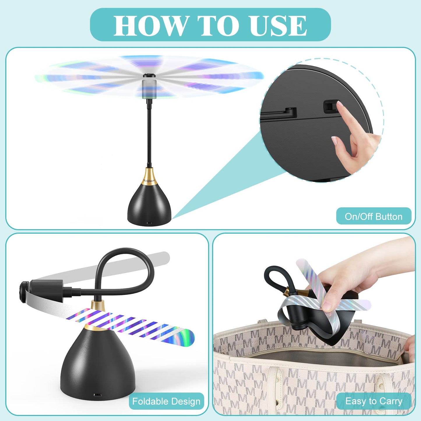 Neijiaer Fly Fans for Tables, USB or Batteries Powered, Soundless and Portable Fly Fan, Keeps Your Food Clean, Practical Fan with Soft Blades (Black 2 Packs)