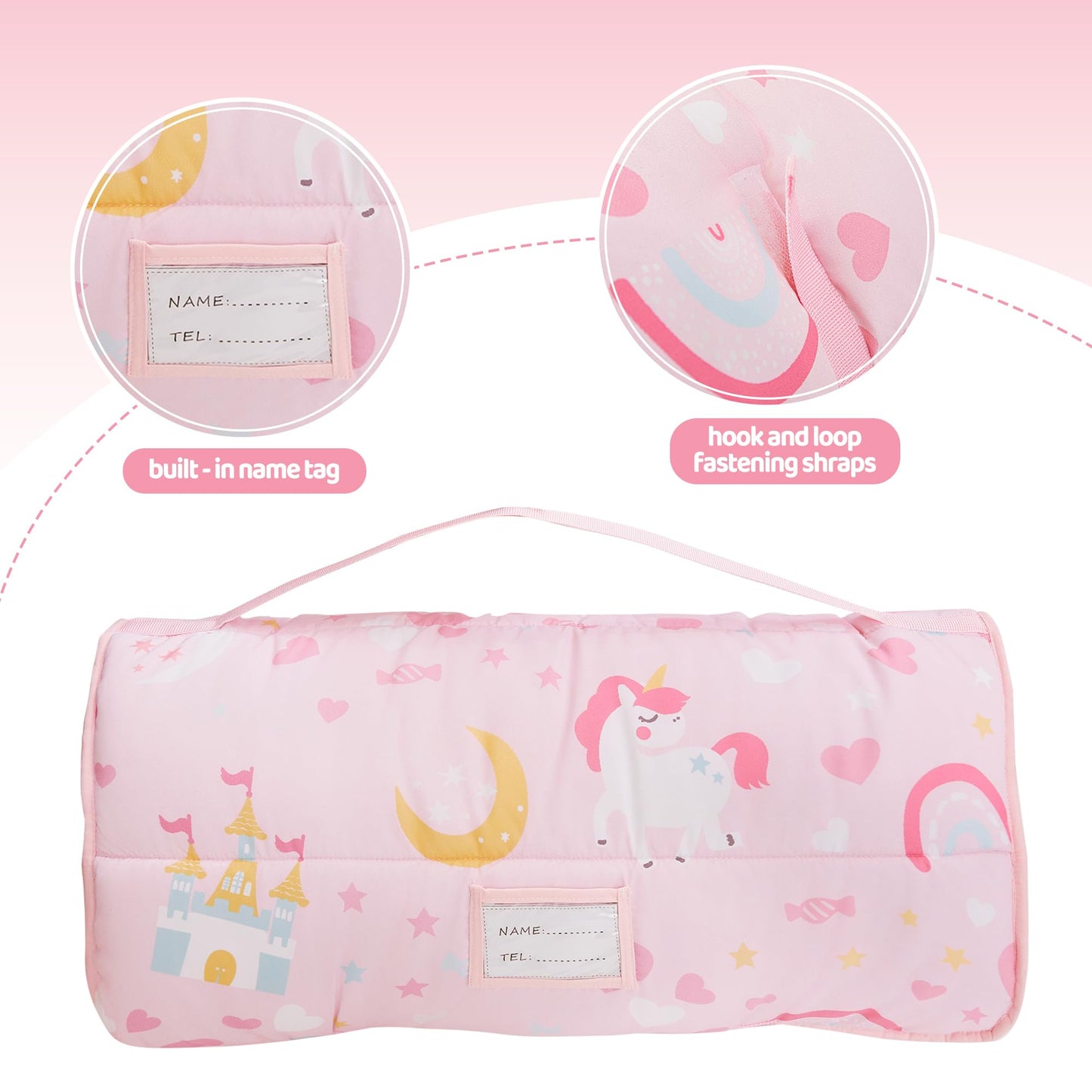 Viviland Toddler Kids Nap Mat for Preschool, Girls Pink Princess Daycare Kindergarten Nap Mat