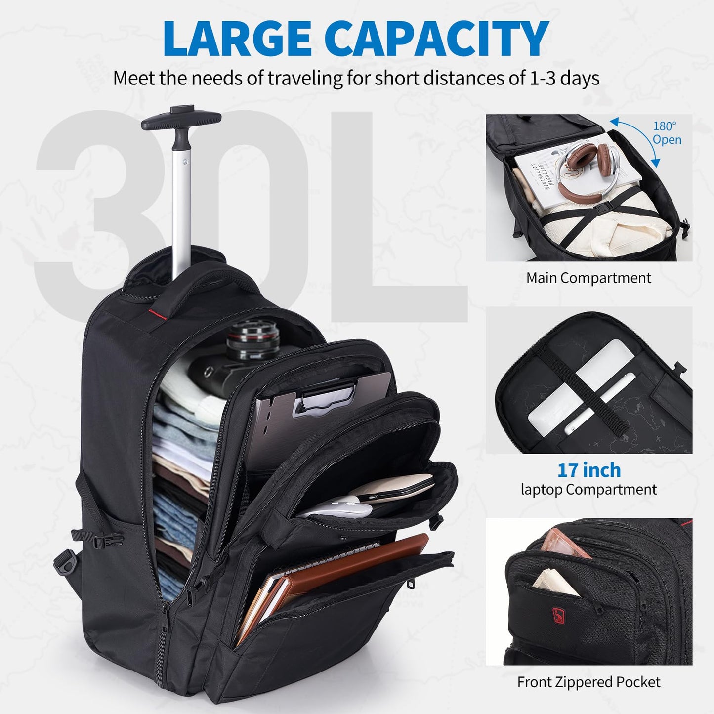 OIWAS Rolling Backpack, Travel Backpack with Wheels, 17 Inch Laptop Roller Backpack, Business Wheeled Backpack for Women Men