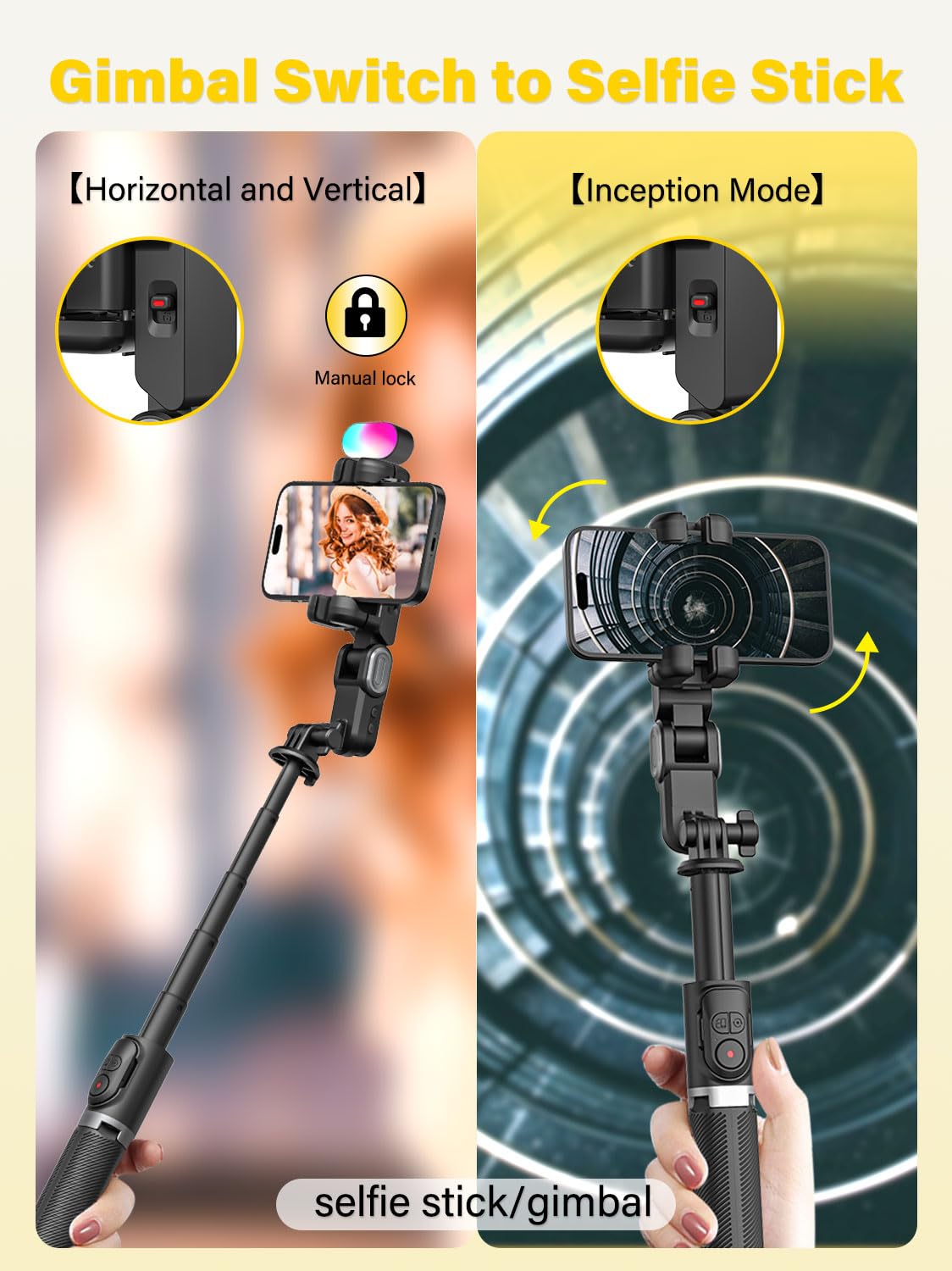 AOCHUAN Gimbal Stabilizer Face Tracking Without APP, 4 in 1 RGB Light Stabilizer, Handheld Portable Phone Tripod for iPhone&Android, Built-in Extension 108cm, M2PRO Black