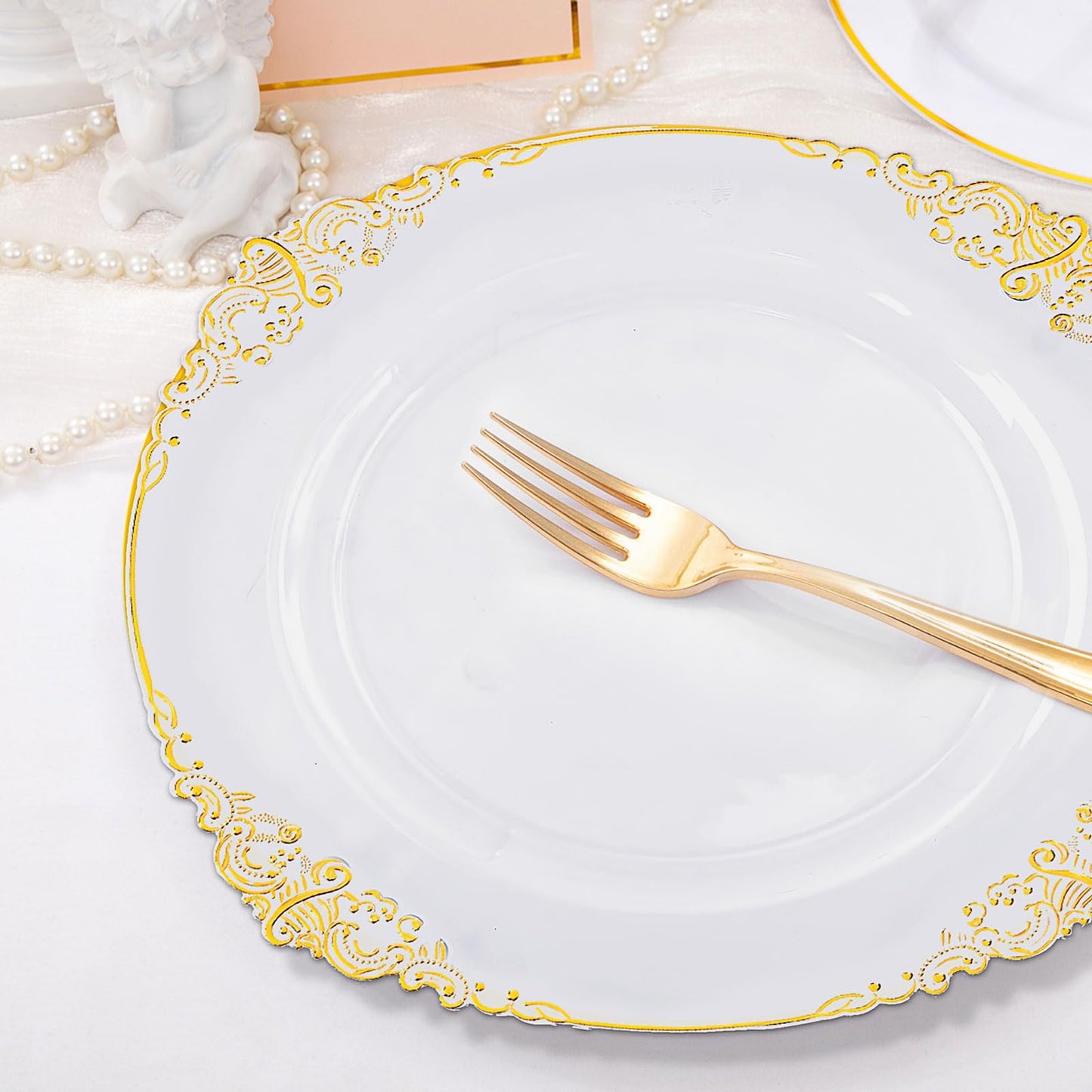 50 Pcs Plastic Plates Plastic Dinner Plates with Gold Rim 10.25 Inch Disposable Party Plates for Weddings Upscale Parties Thanksgiving Tableware (Transparent Gold)