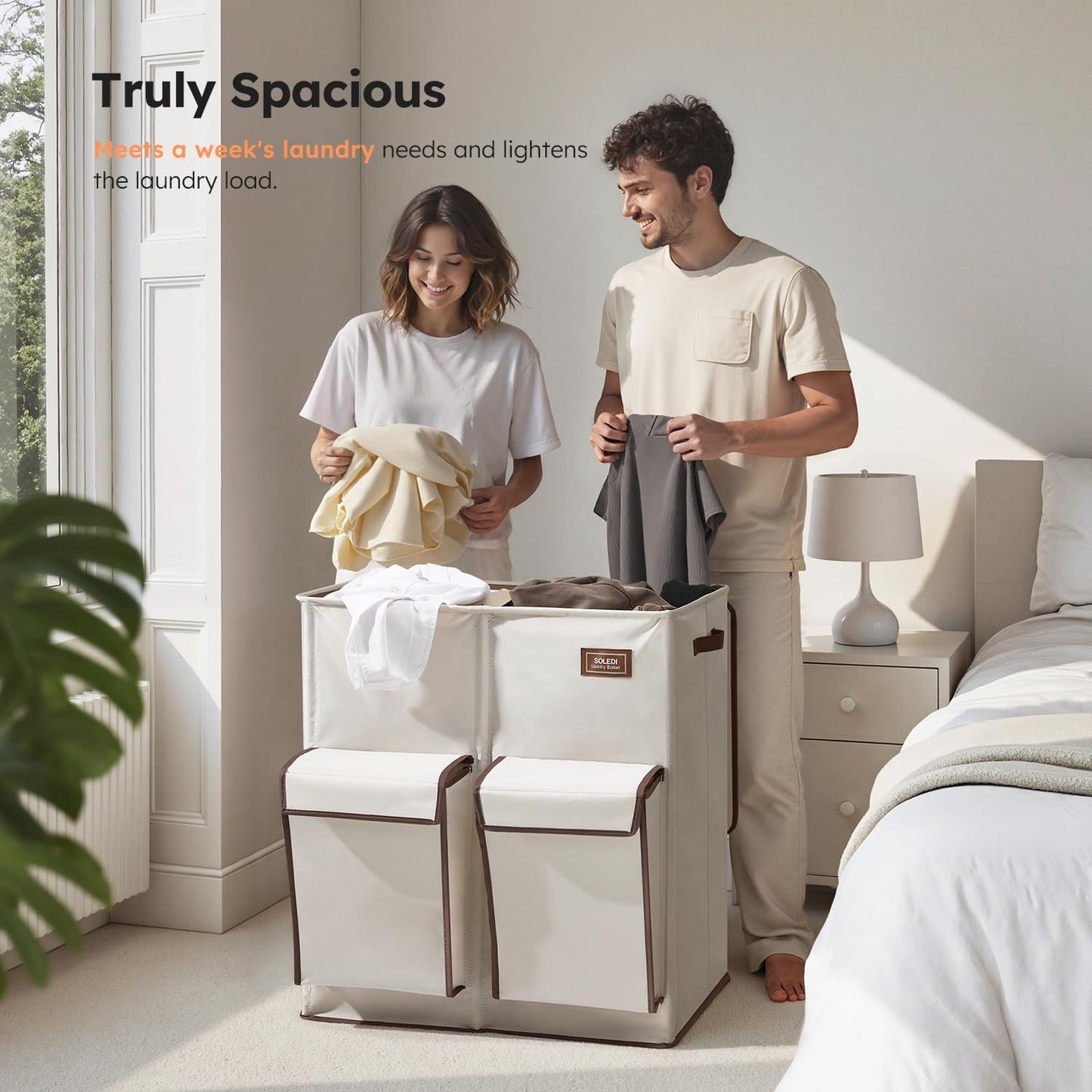 SOLEDI 180L 4-Section Laundry Hamper with Lid,Dirty Clothes Hamper with Removable Bag,Large Laundry Basket 2 Section with 2 Side Pockets,Collapsible,Easy to Carry,for Laundry Room,Bedroom,Light Beige