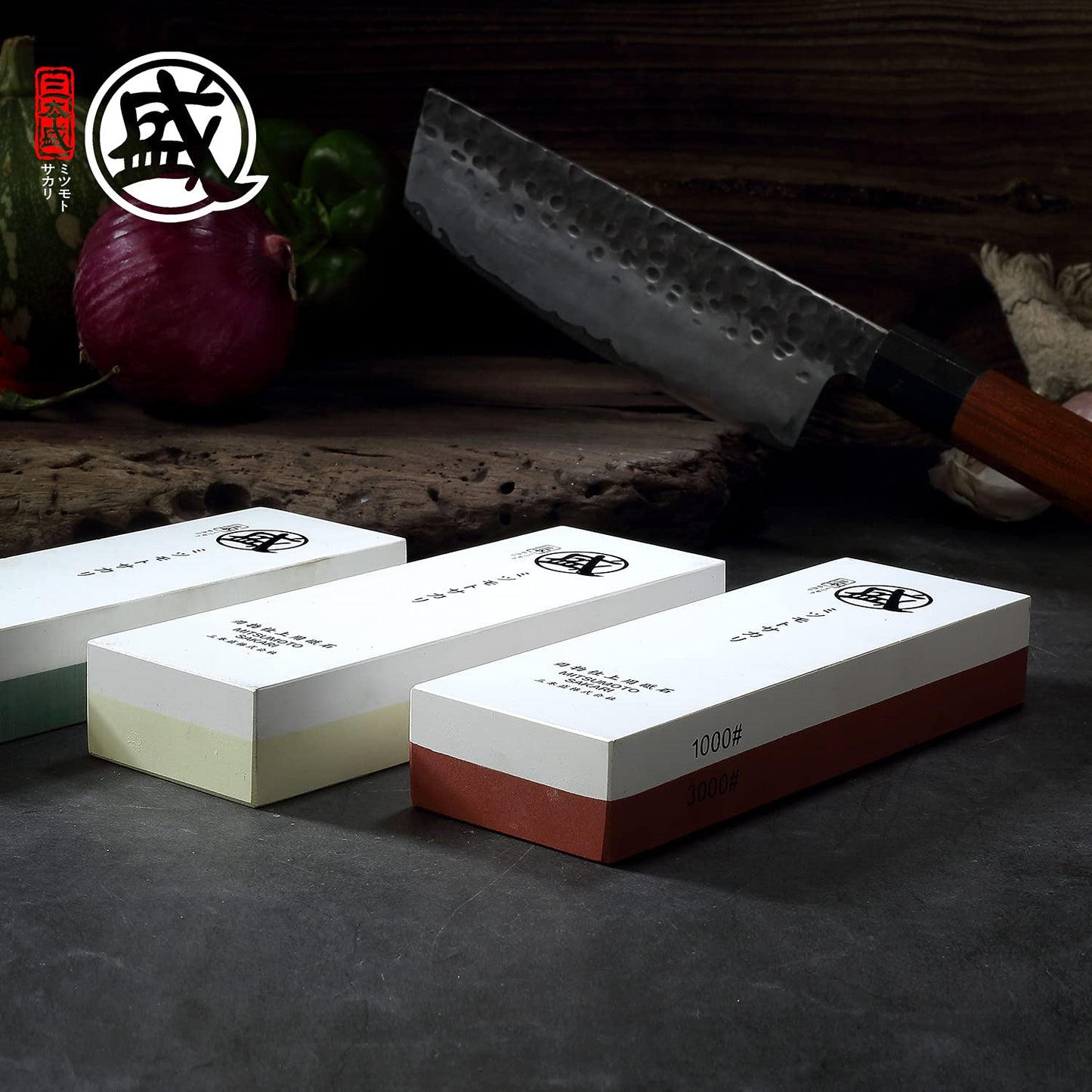 MITSUMOTO SAKARI Japanese Whetstone, Professional Kitchen 1000/3000 Grit 2-Side Sharpener, Knife Sharpening Stone with Non-Slip Wooden Base, Water Stone for Chef Knife, Santoku, Sushi Knife