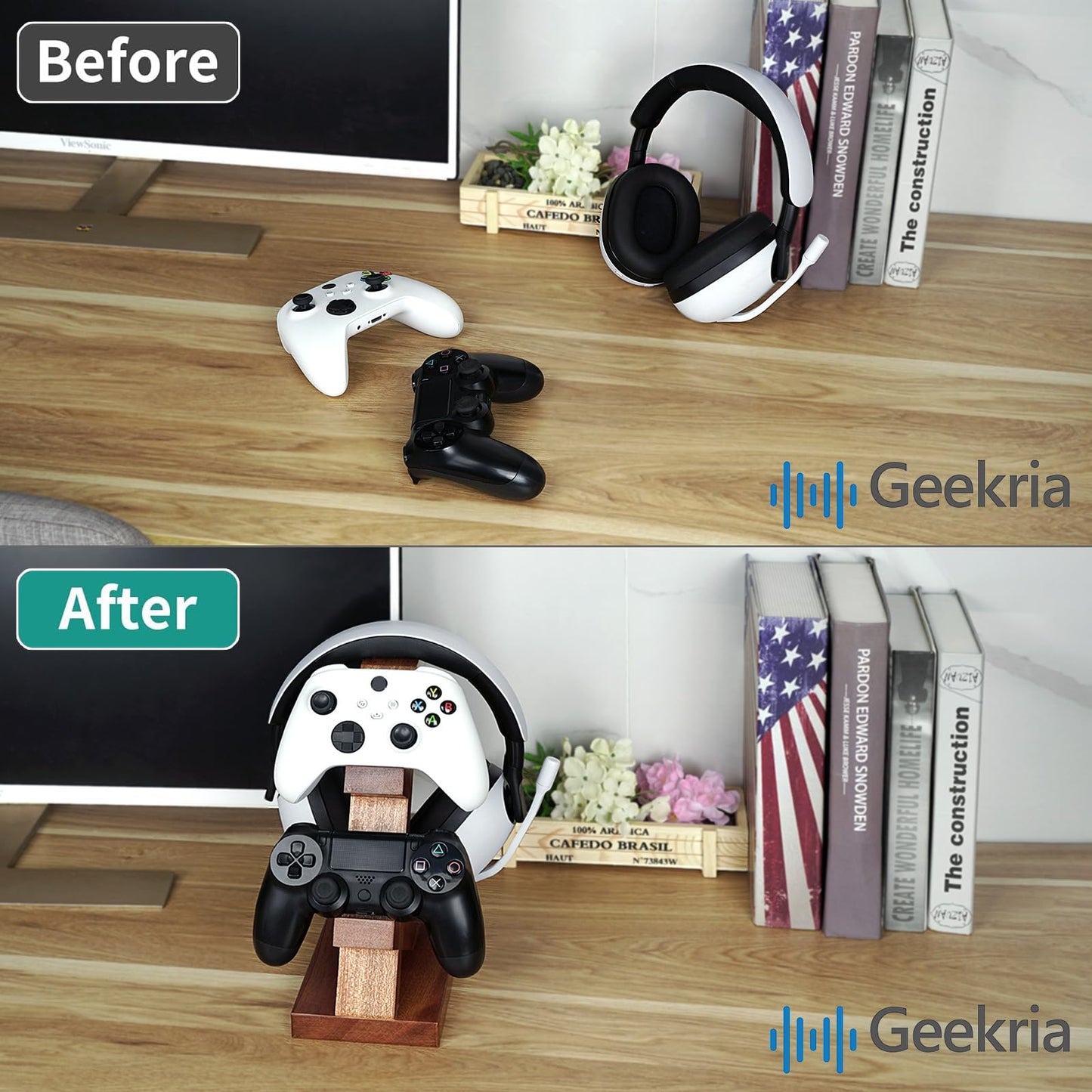Geekria Solid Wood Dual Gamepad and Headphone Stand, Controller Storage Holder for PS4, PS5, Xbox, Switch, 8BitDo, Universal Desk Game Accessories