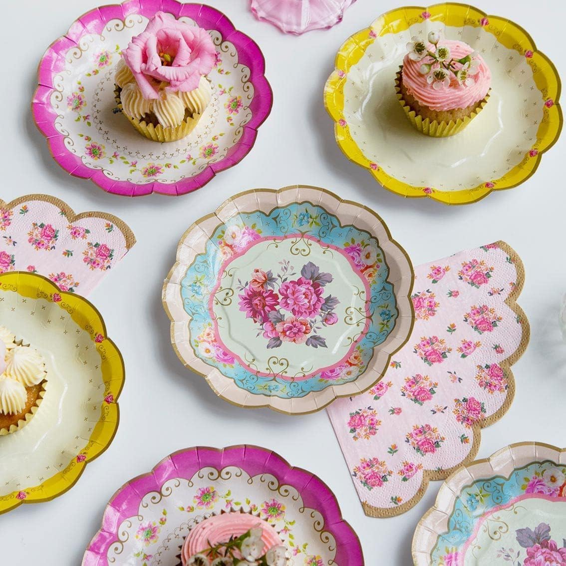 Talking Tables |144x | Vintage Floral Paper Plates Bulk Pack, Pink, Blue, Yellow, Scalloped Edge, Truly Scrumptious, Disposable Tableware, Birthday, Garden Party, Afternoon Teas, Baby Shower, Wedding